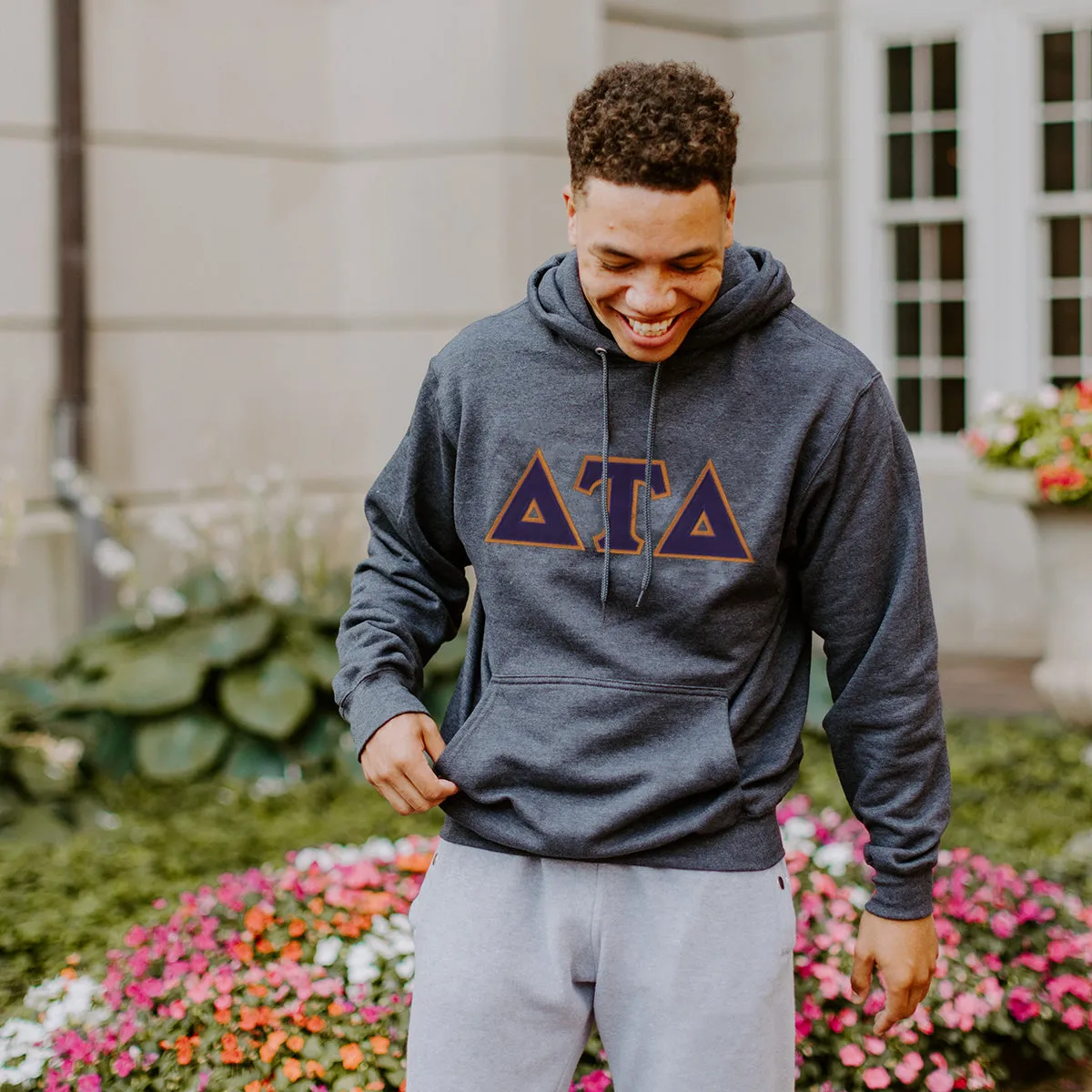 Delt Dark Heather Hoodie with Sewn On Letters