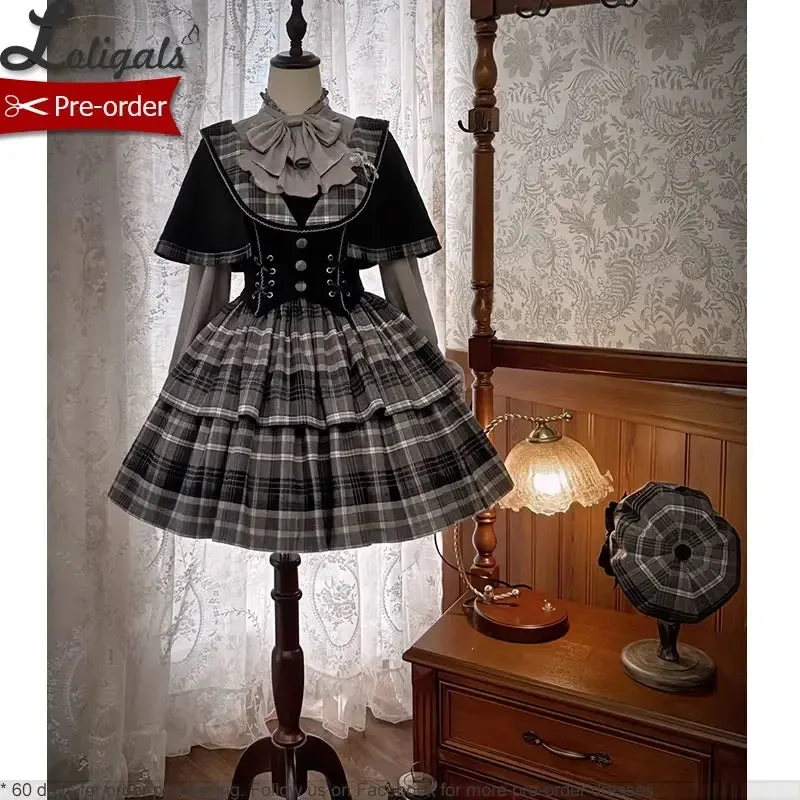 Detective School ~ Vintage Cool Plaid Lolita JSK Dress w. Cape by Alice Girl~Pre-order