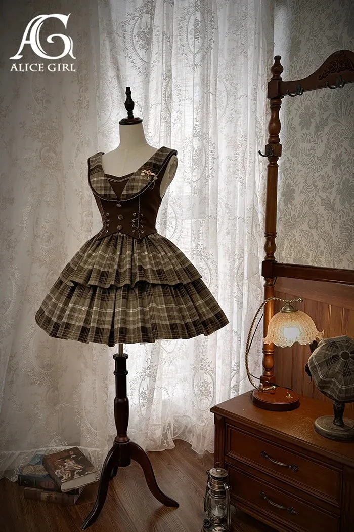 Detective School ~ Vintage Cool Plaid Lolita JSK Dress w. Cape by Alice Girl~Pre-order