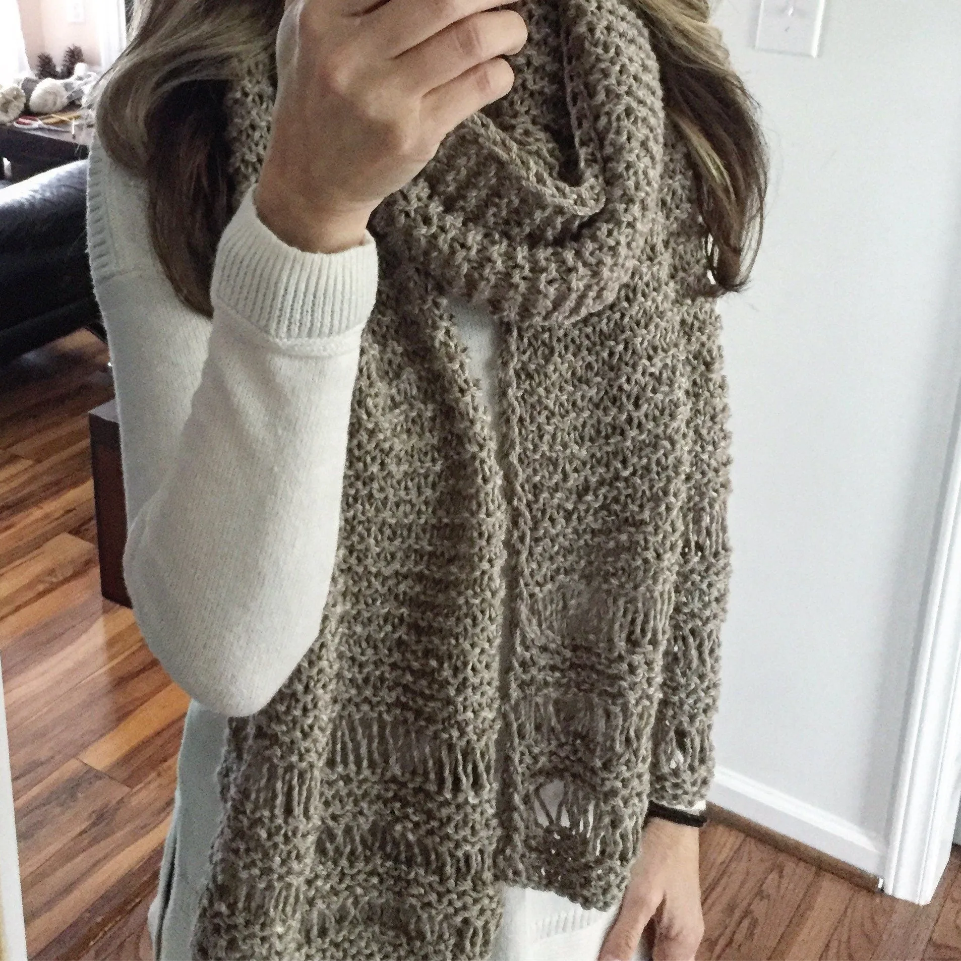 DIY KNITTING PATTERN All Seasons Scarf Hand Knitted Women's Oversized Chunky Boho Style Open End  Neck Warmer Taupe