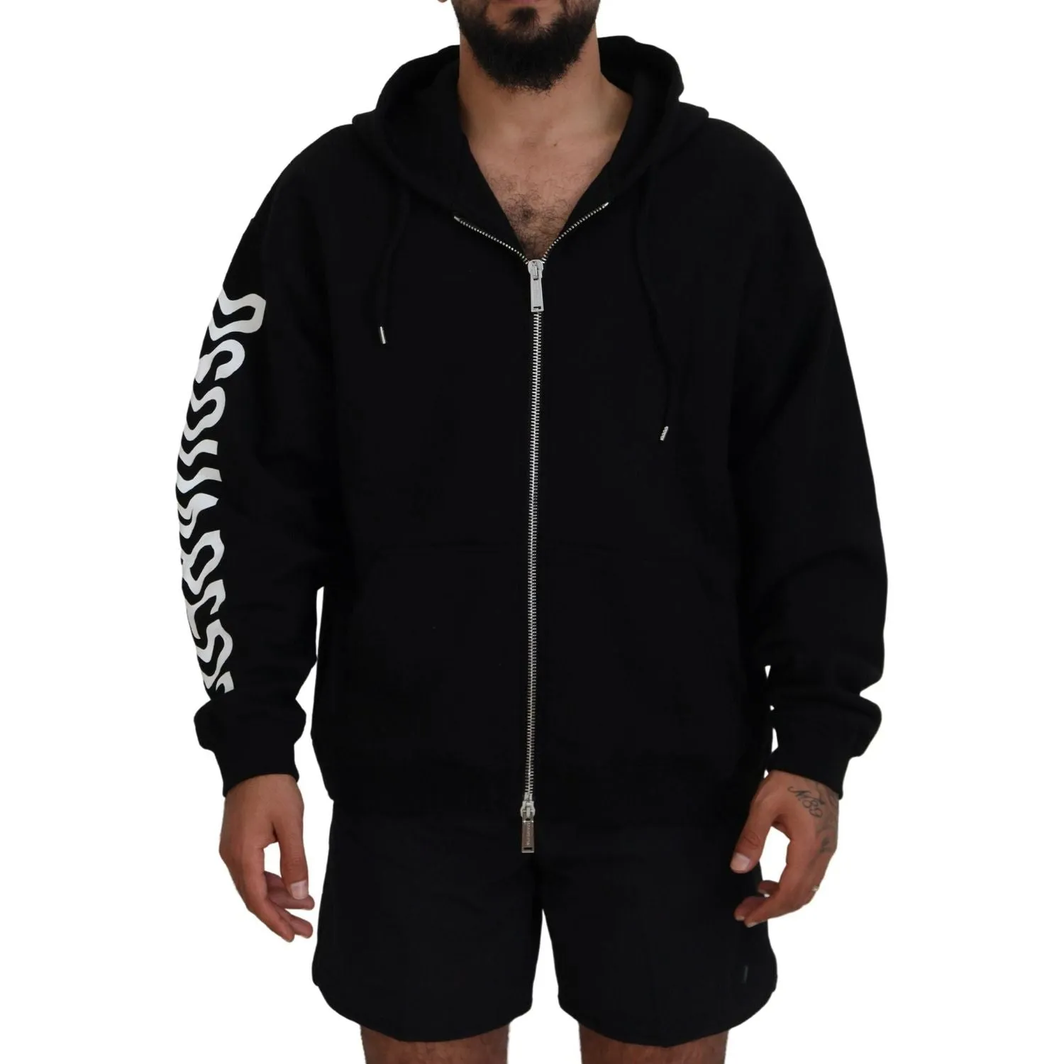 Dsquared² Black Hooded Full Zip Printed Sleeves Sweater