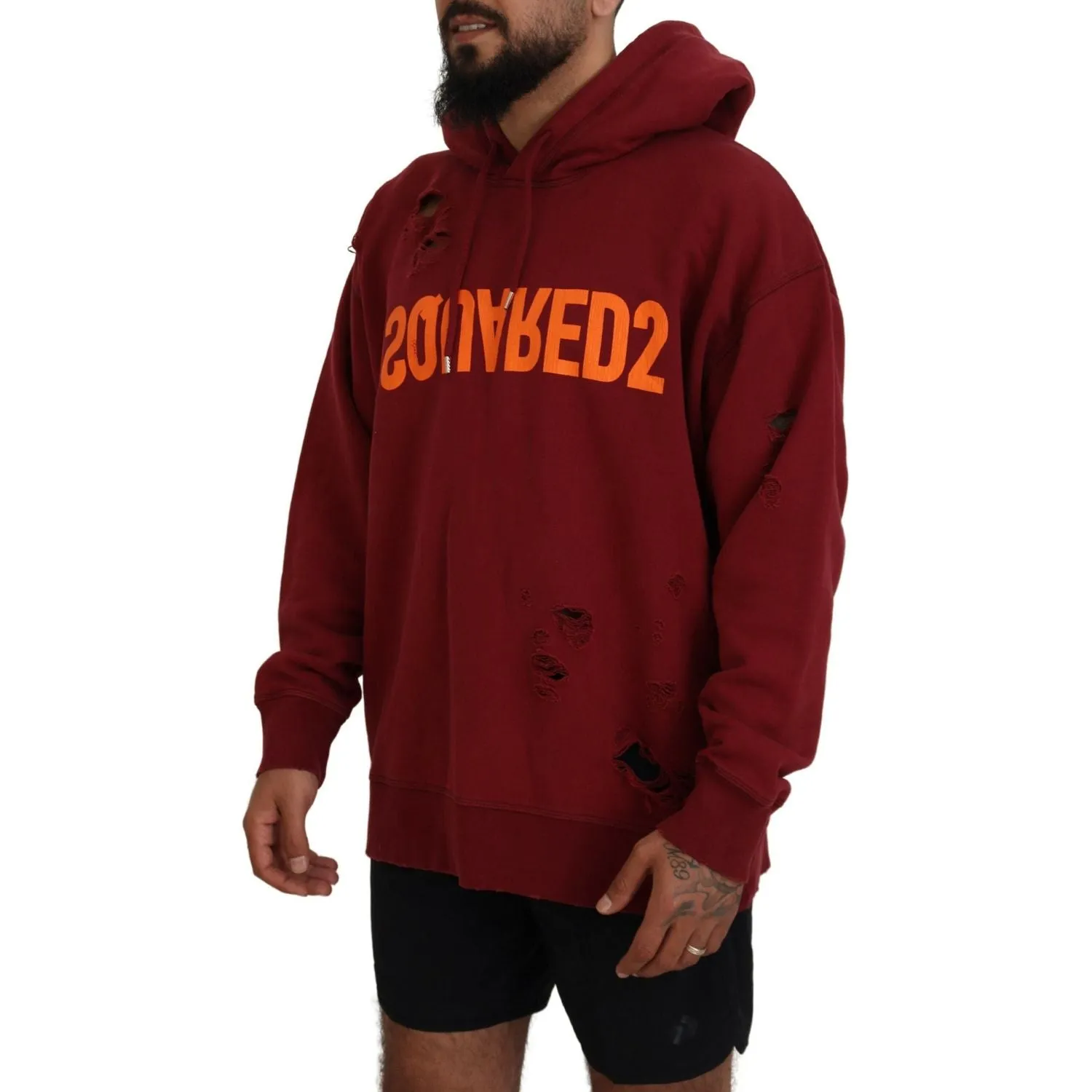 Dsquared² Maroon Cotton Tattered Hooded Printed Pullover Sweater