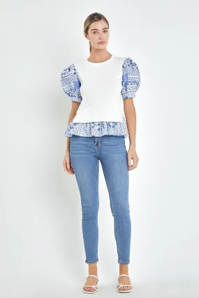 English Factory - Mixed Media Floral Sleeve Knit Top