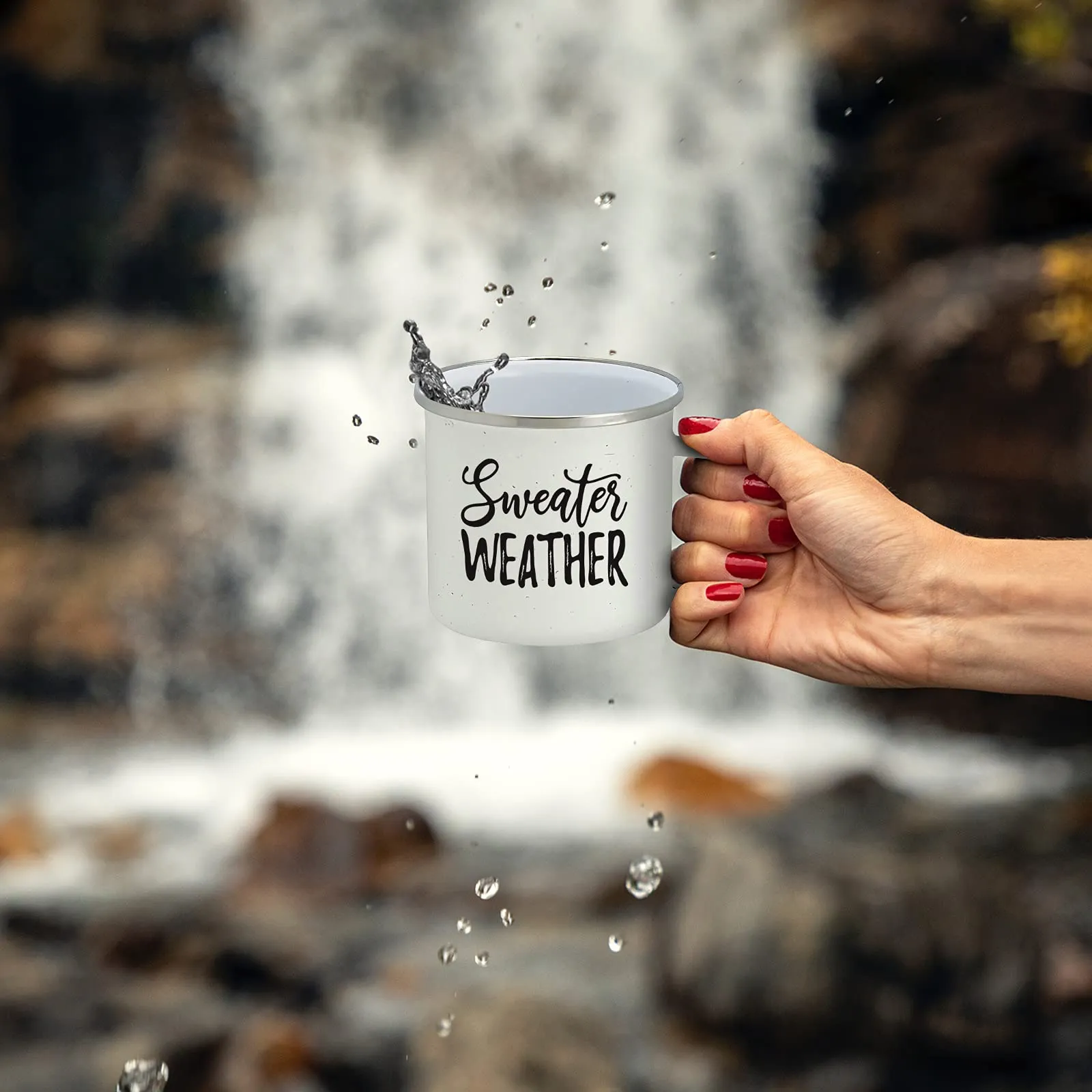 Fall Enamel Camping Coffee Mug"Sweater Weather" Tin Cup 15 Ounce (White)