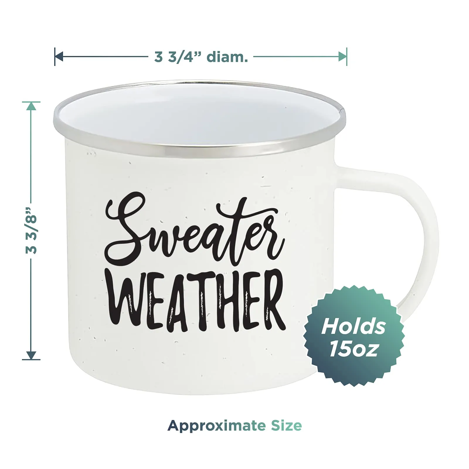 Fall Enamel Camping Coffee Mug"Sweater Weather" Tin Cup 15 Ounce (White)