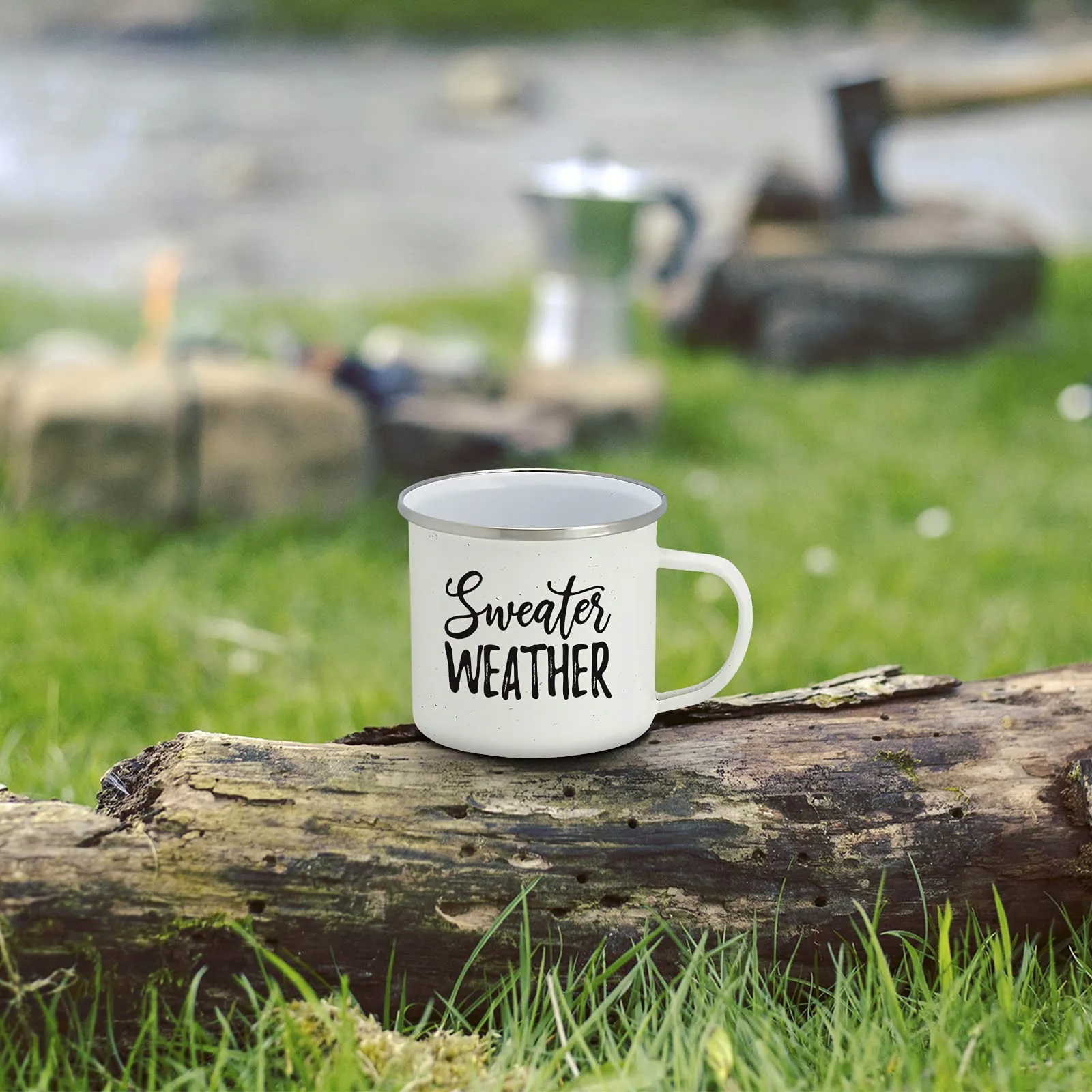 Fall Enamel Camping Coffee Mug"Sweater Weather" Tin Cup 15 Ounce (White)