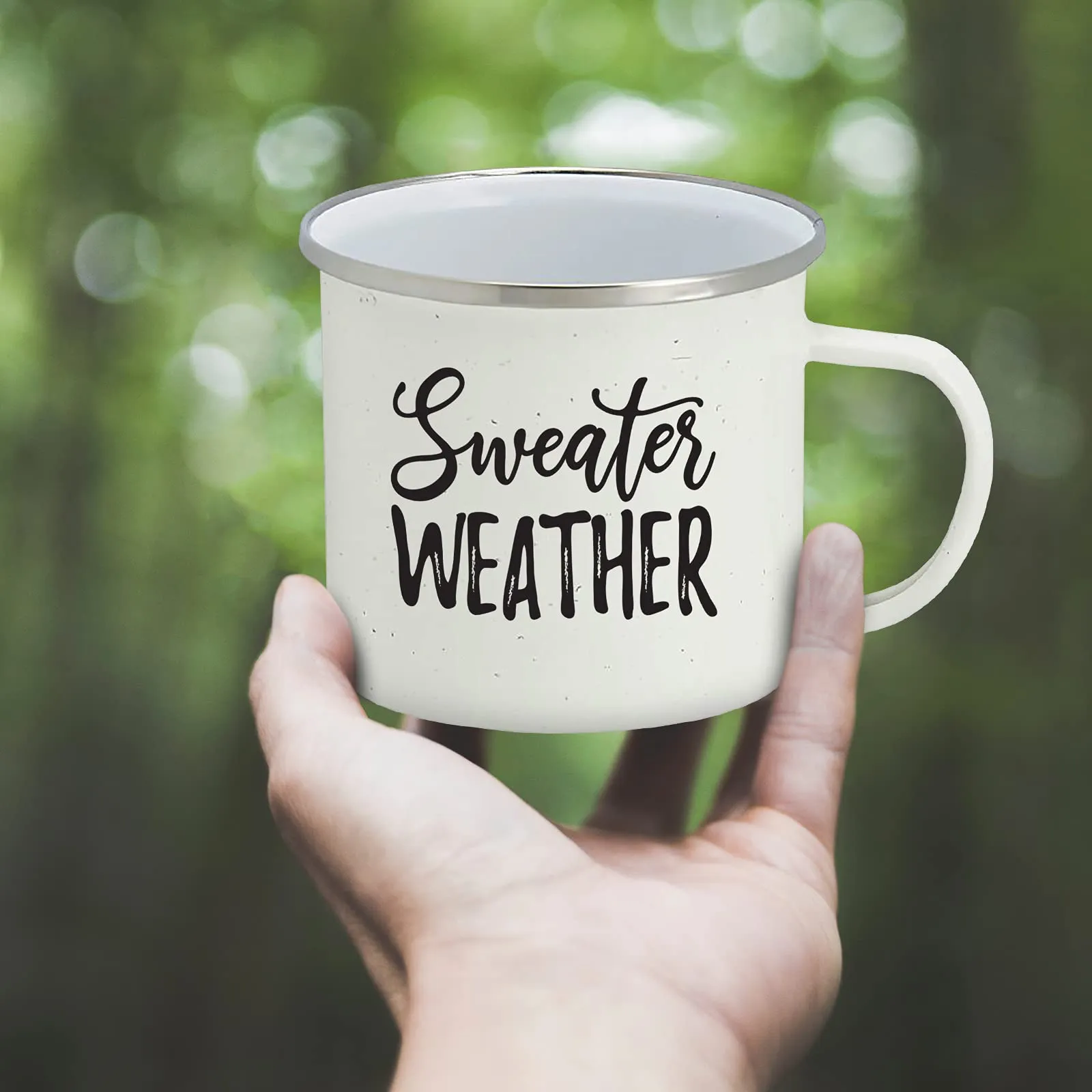 Fall Enamel Camping Coffee Mug"Sweater Weather" Tin Cup 15 Ounce (White)