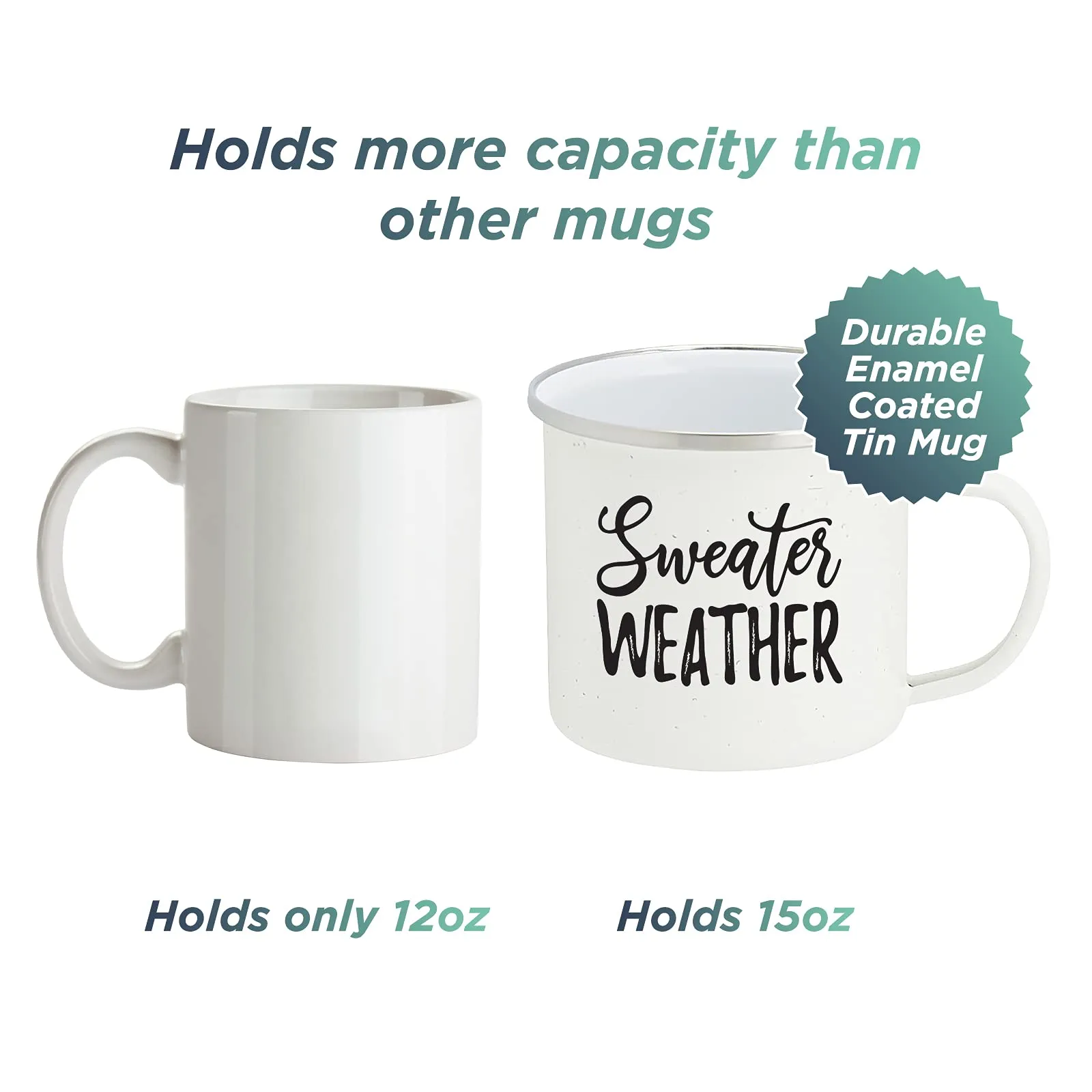 Fall Enamel Camping Coffee Mug"Sweater Weather" Tin Cup 15 Ounce (White)