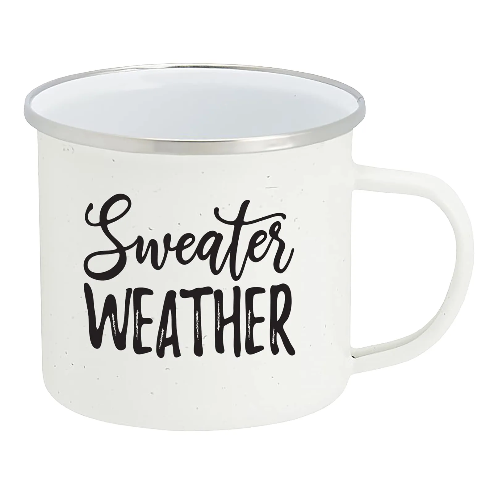 Fall Enamel Camping Coffee Mug"Sweater Weather" Tin Cup 15 Ounce (White)