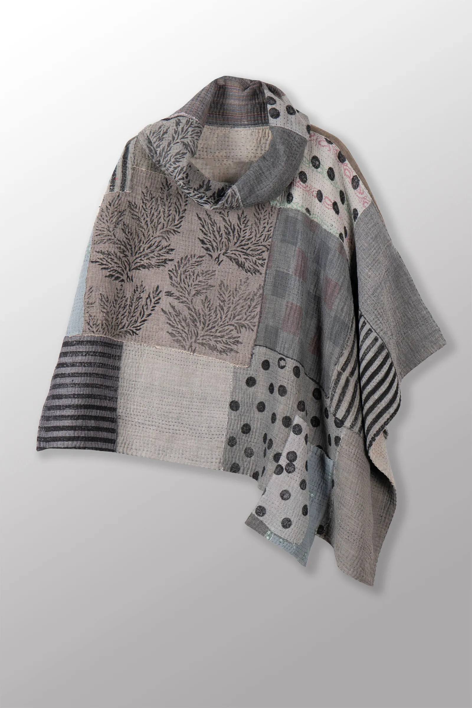 FRAYED PATCH KANTHA COWL NECK LONG CAPE - fi4842-gry -