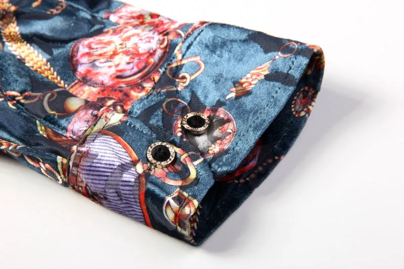 Gold Keychain and Floral Print Euro Style Men Velvet Long Sleeves Shirt