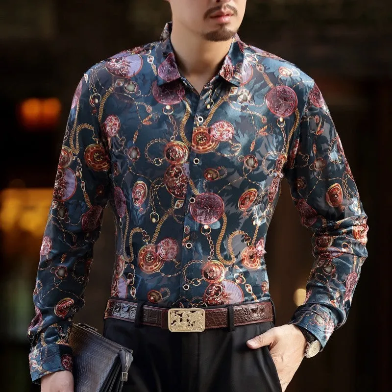 Gold Keychain and Floral Print Euro Style Men Velvet Long Sleeves Shirt