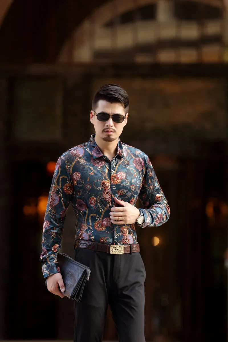 Gold Keychain and Floral Print Euro Style Men Velvet Long Sleeves Shirt