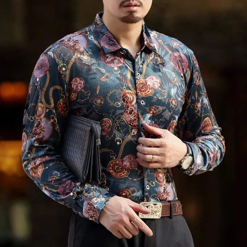 Gold Keychain and Floral Print Euro Style Men Velvet Long Sleeves Shirt