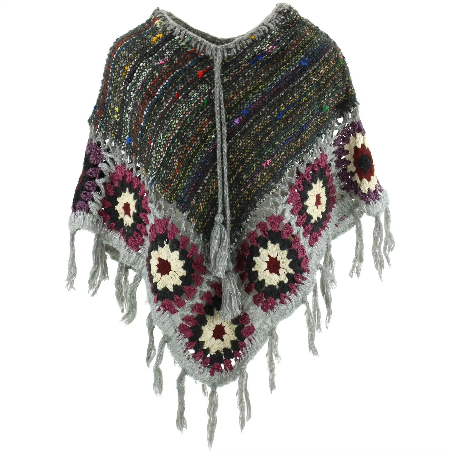 Granny Squares Crochet Poncho Short - Dark Grey/Grey