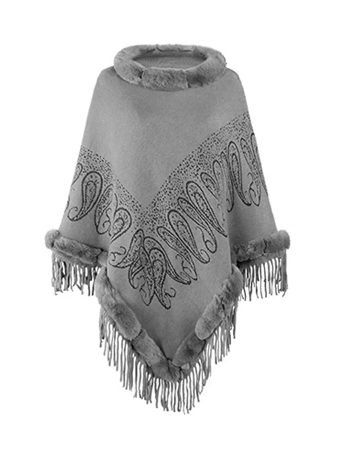 Graphic Fringe Cape Sleeve Poncho