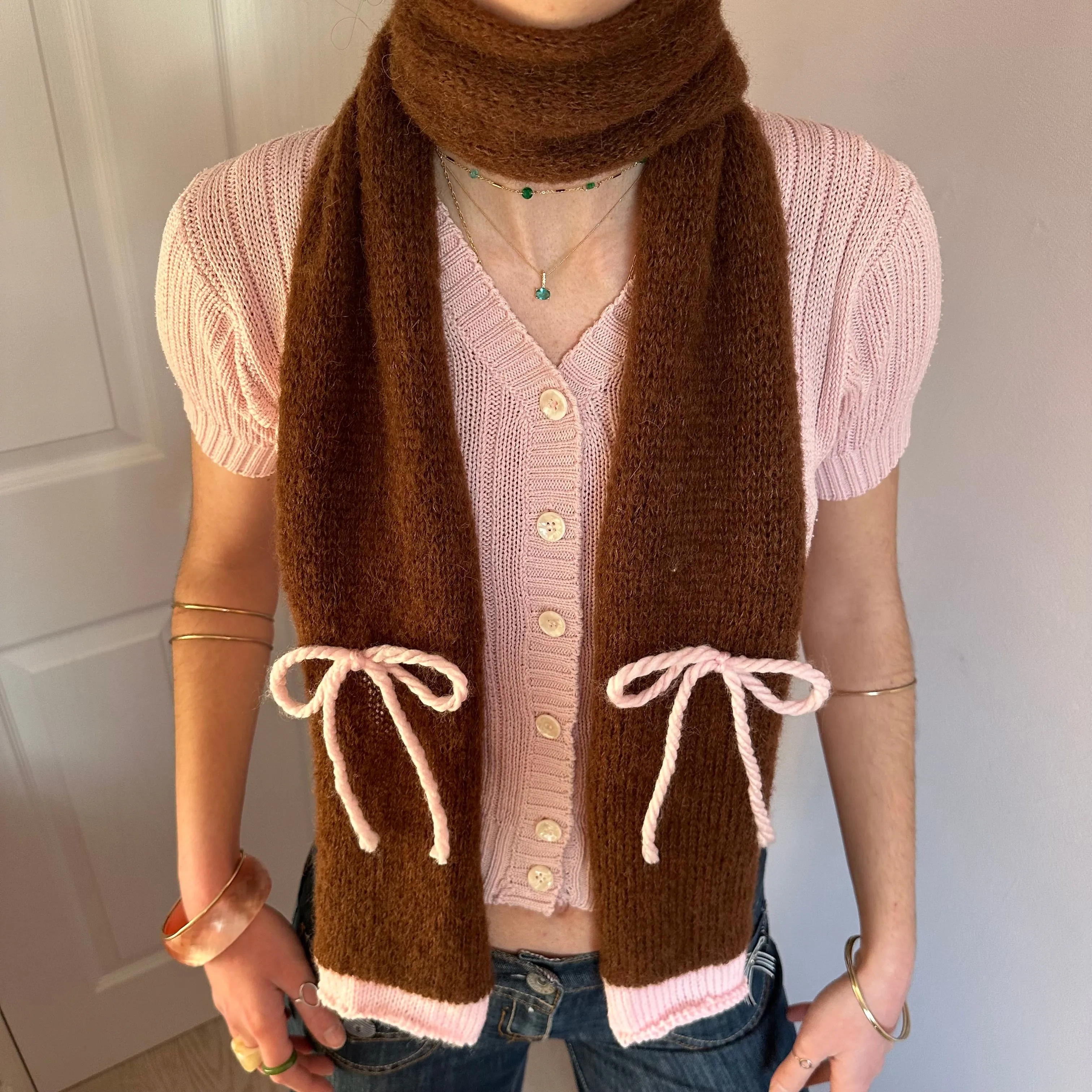 Handmade knitted brown and baby pink mohair bow scarf