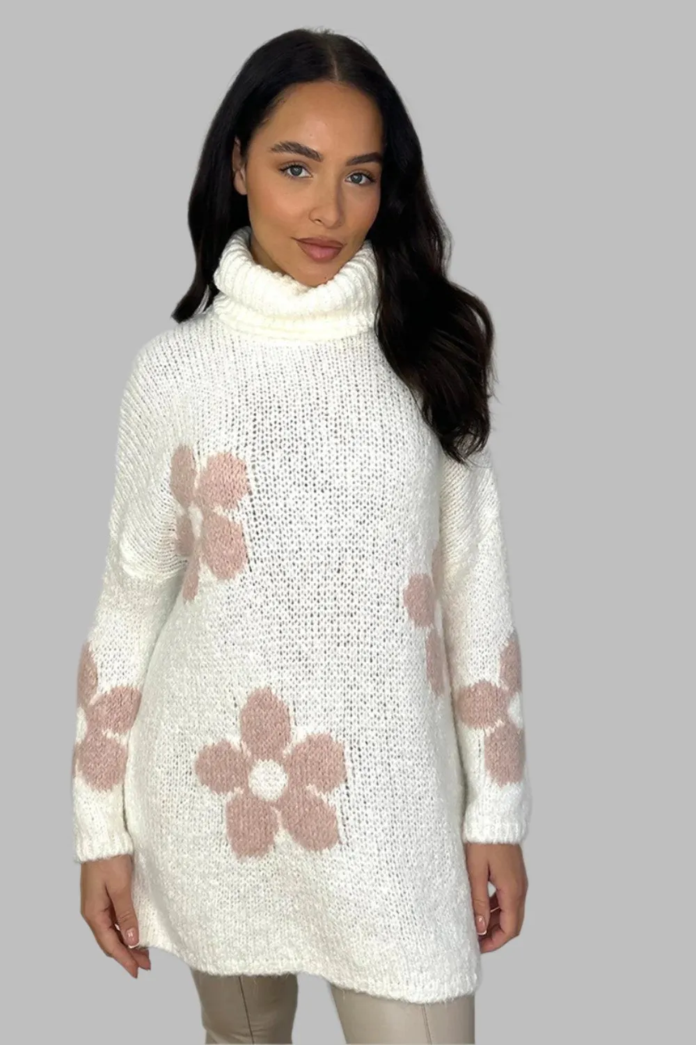 High Neck Super Soft Knit Floral Pattern Pullover