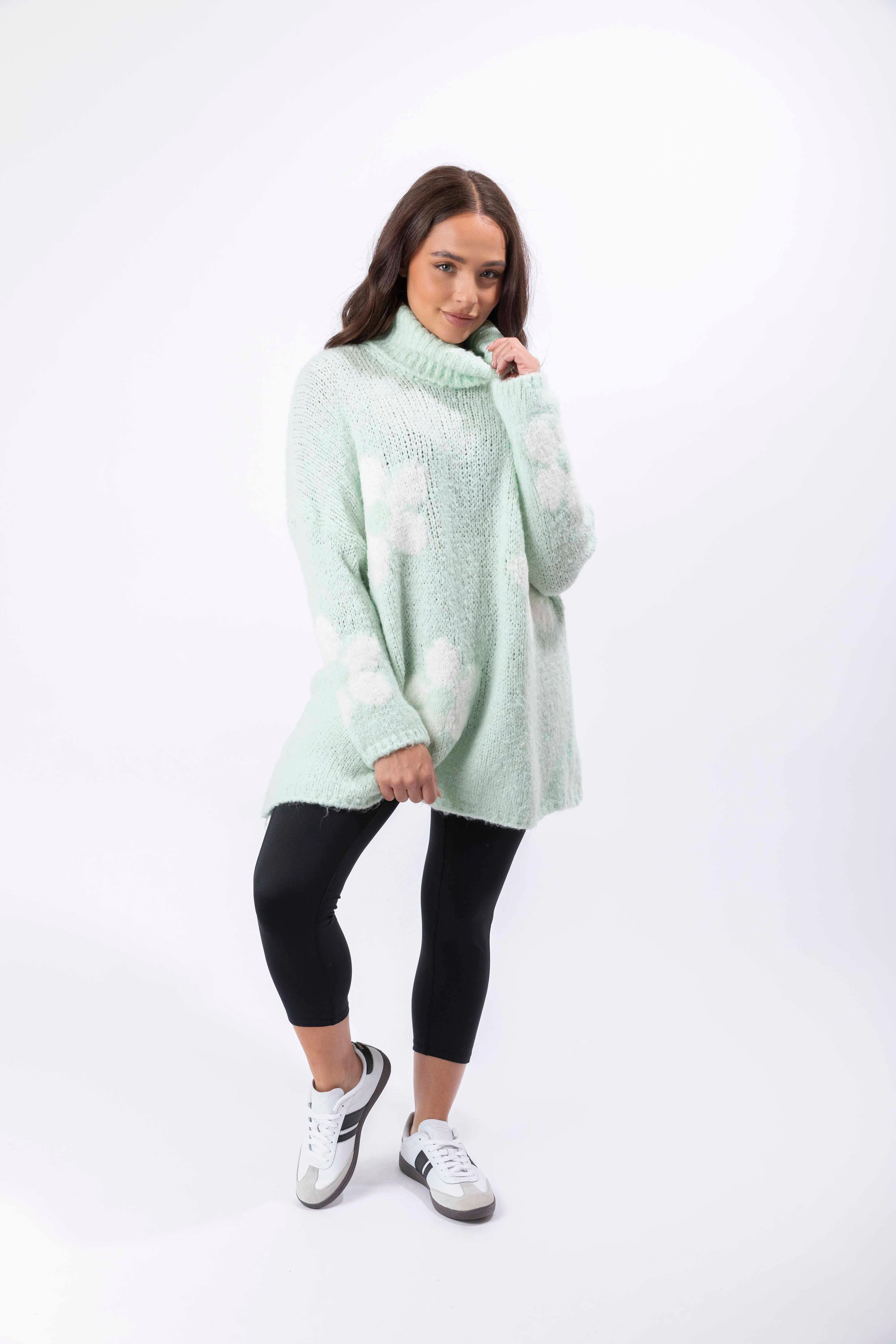 High Neck Super Soft Knit Floral Pattern Pullover