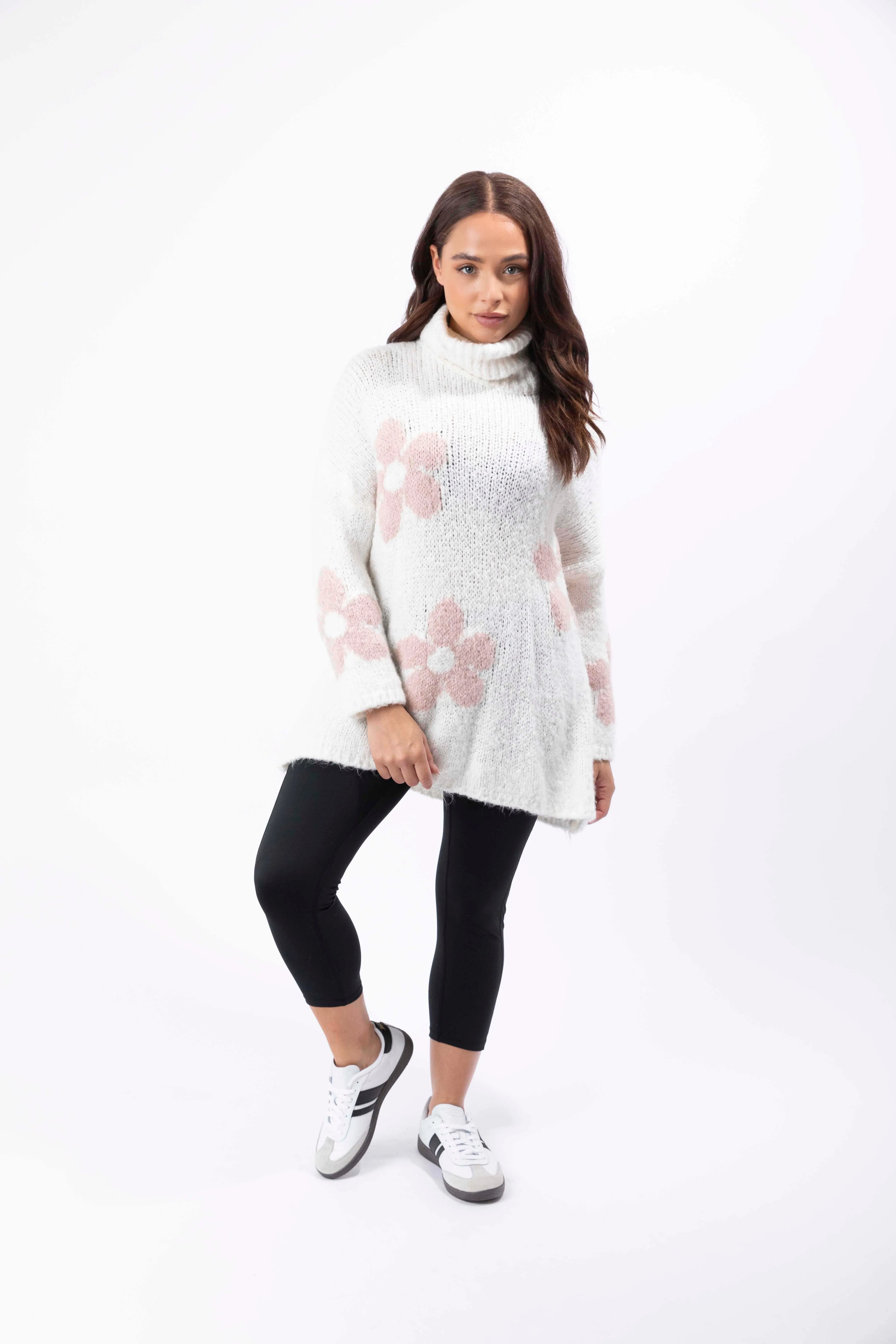 High Neck Super Soft Knit Floral Pattern Pullover