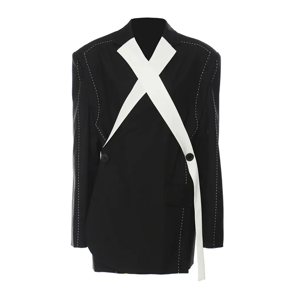 Hit Color Crisscross Blazers For Women Notched Collar Long Sleeve Patchwork Button Temeprament Blazer Female