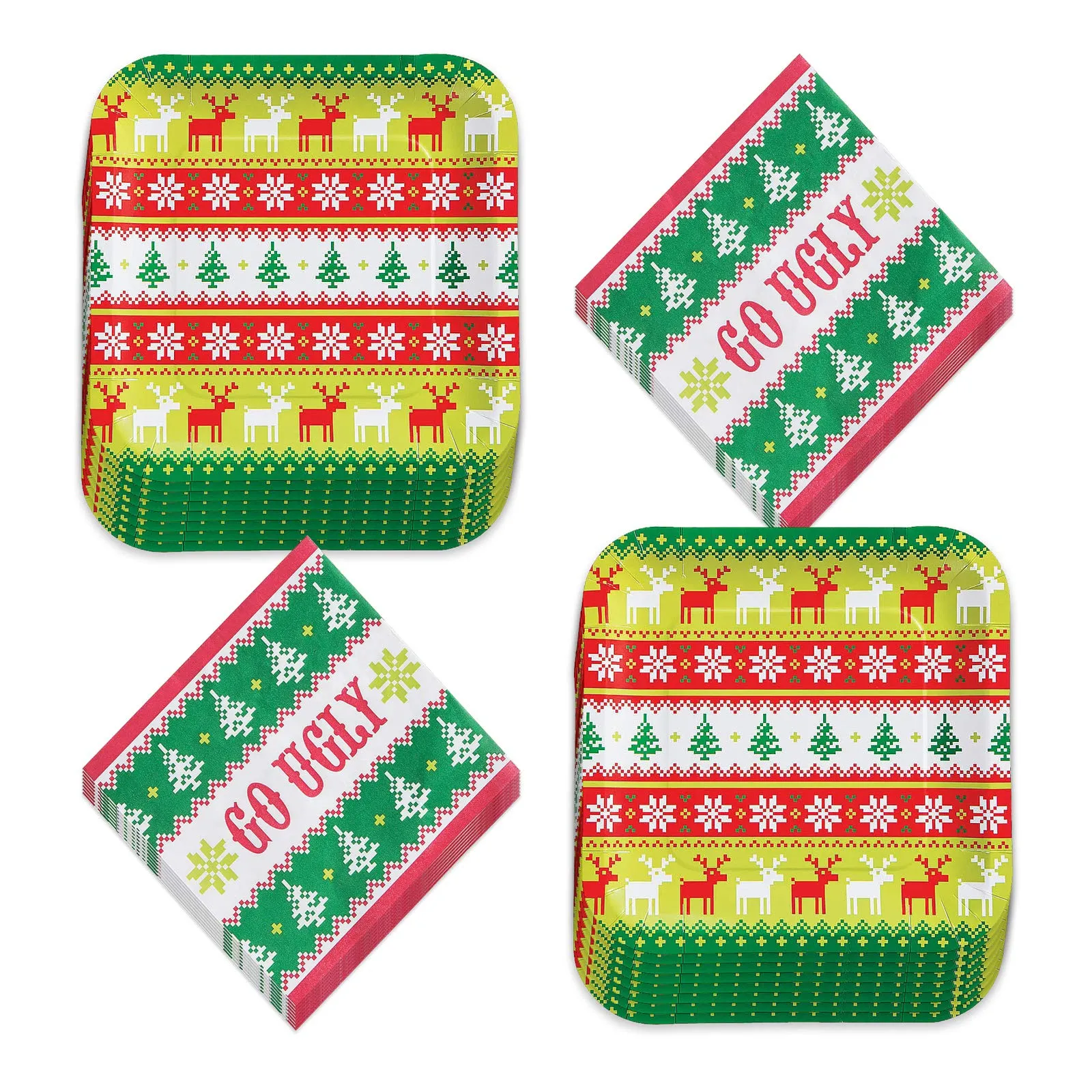 Holiday Ugly Sweater Patterned Square Paper Dinner Plates &"Go Ugly" Lunch Napkins (Serves 16)