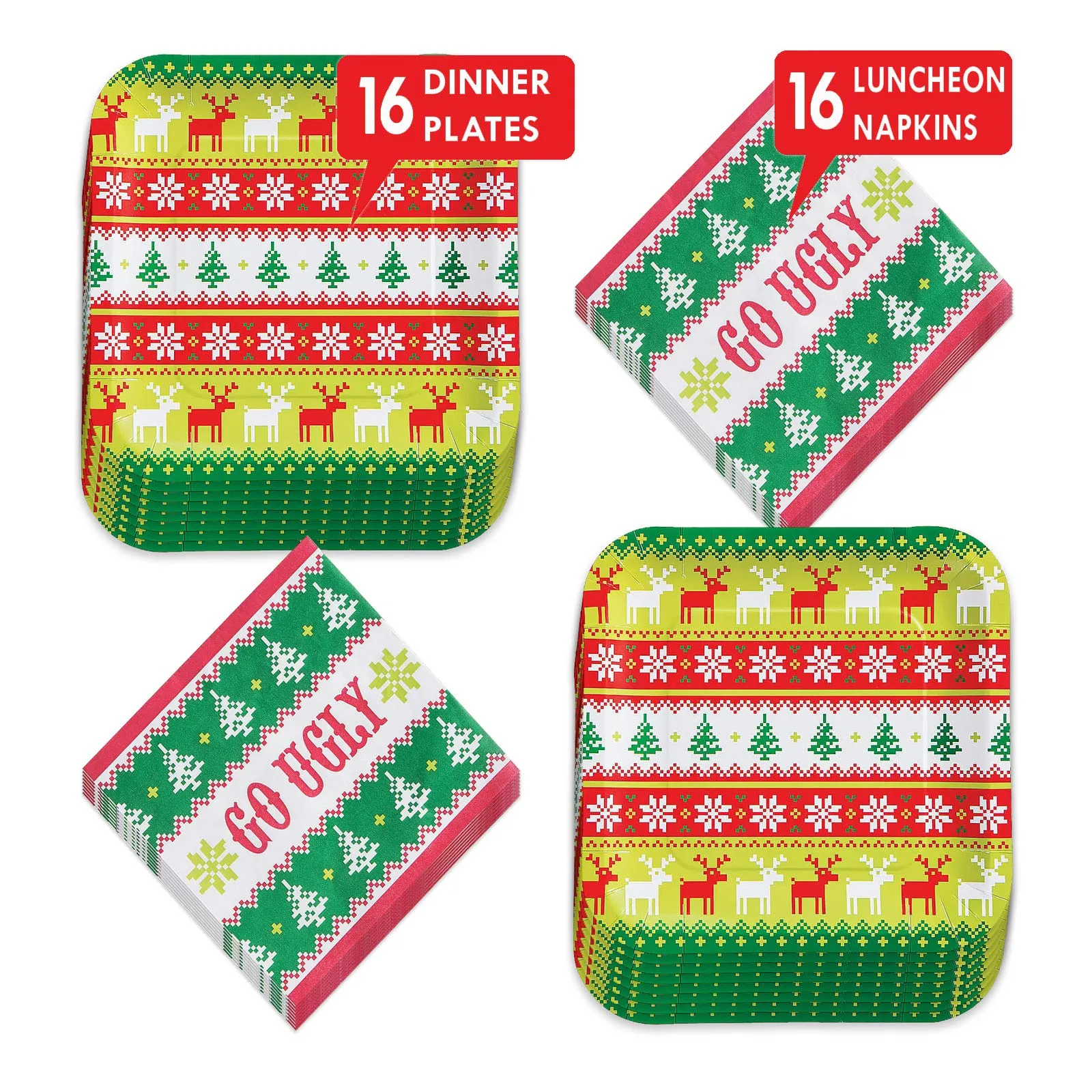 Holiday Ugly Sweater Patterned Square Paper Dinner Plates &"Go Ugly" Lunch Napkins (Serves 16)