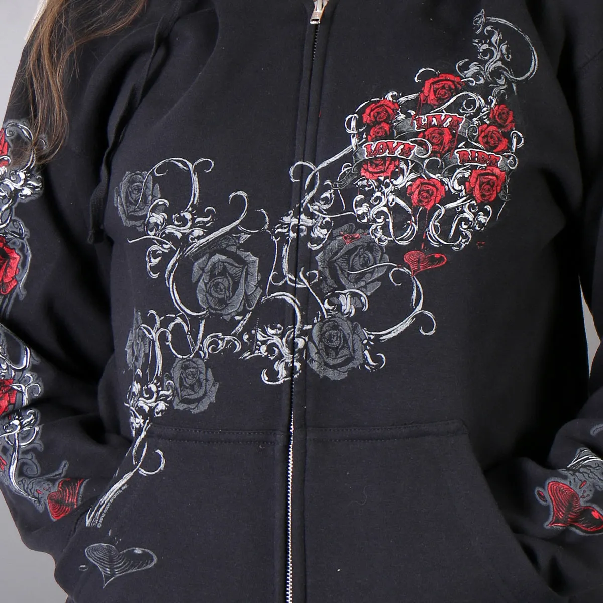 Hot Leathers GLZ4246 Ladies Black Hoodie Sweatshirt with Live, Love, Ride and Roses Artwor