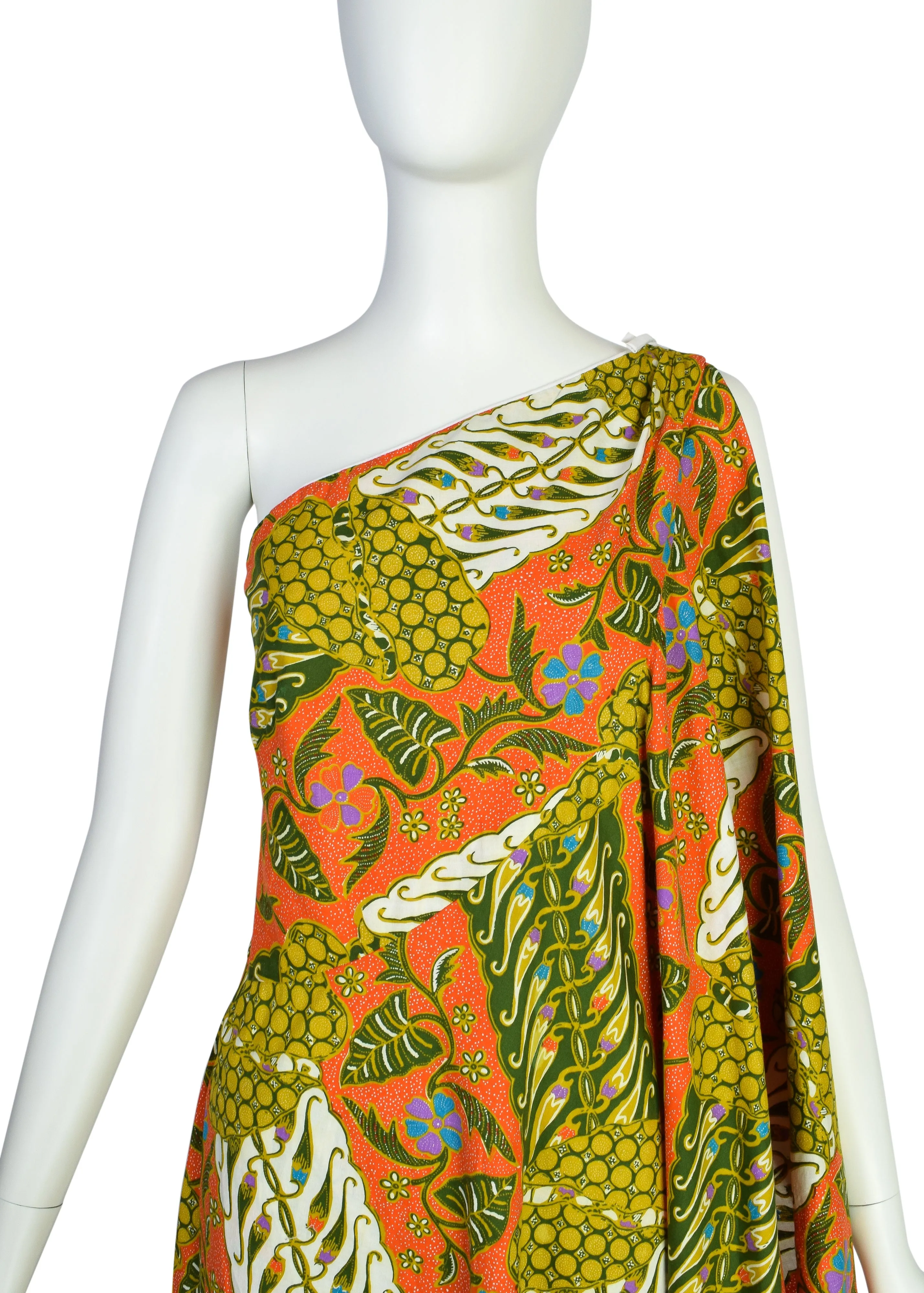 Jay Morley for Fern Violette Vintage Tropical Bohemian Print Cotton One Shoulder Cape Dress