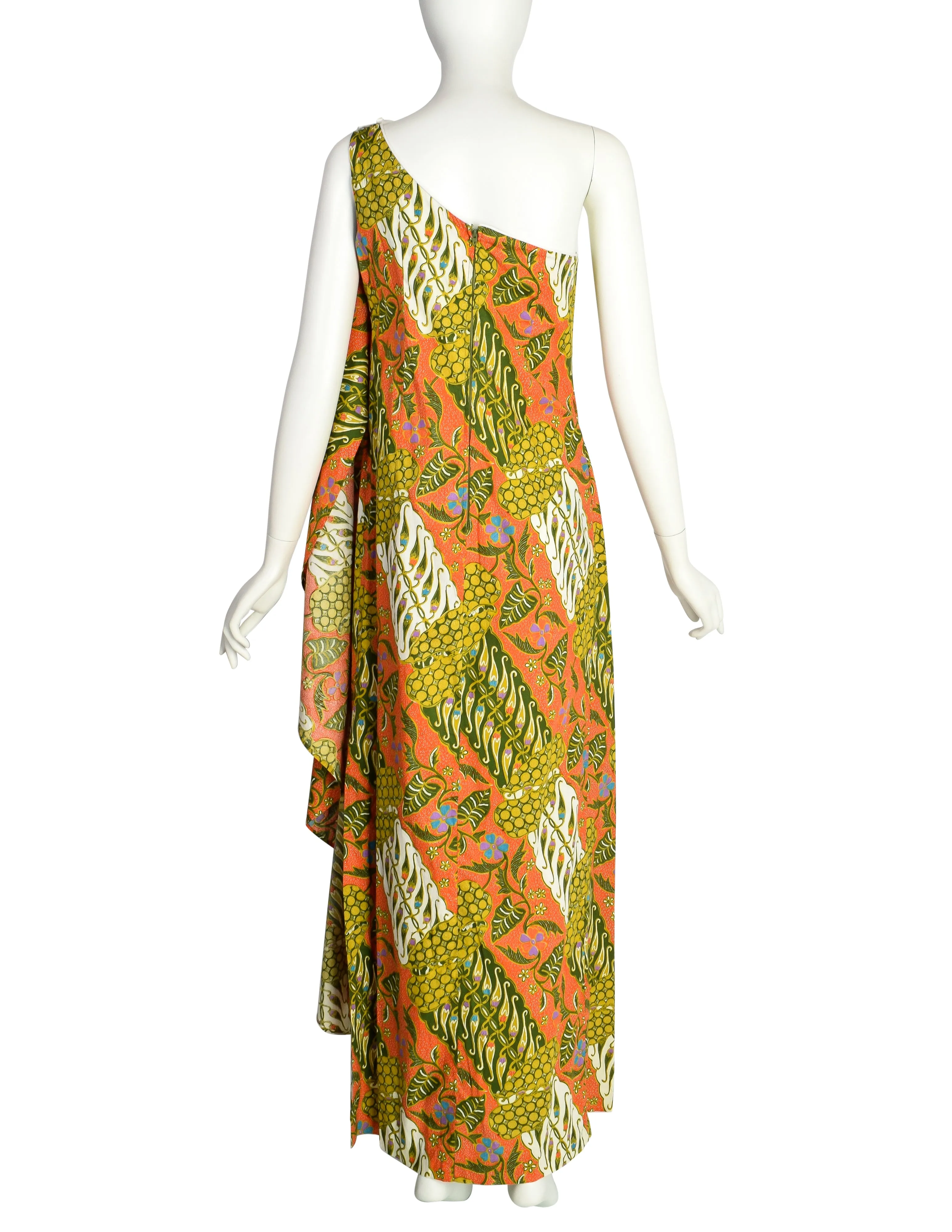 Jay Morley for Fern Violette Vintage Tropical Bohemian Print Cotton One Shoulder Cape Dress