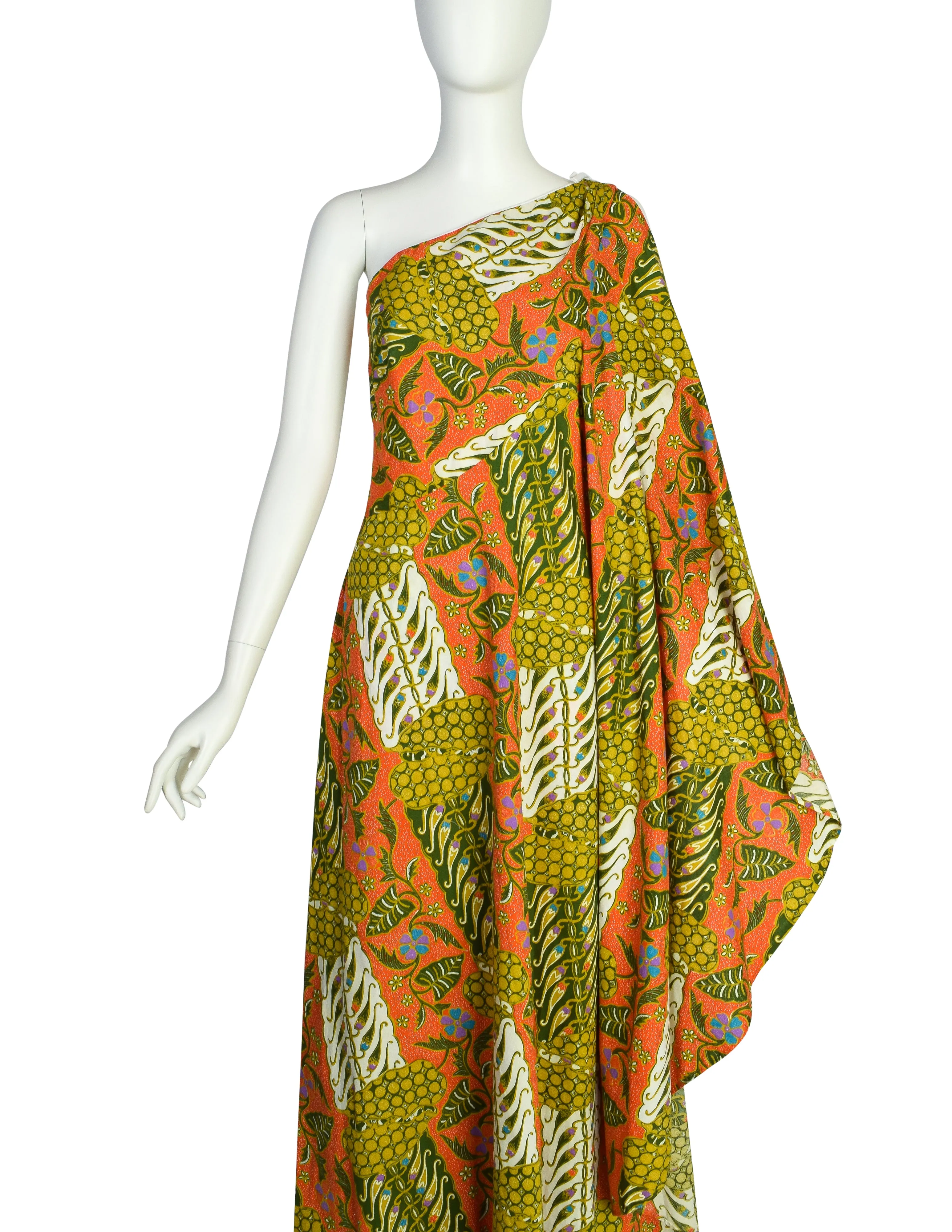 Jay Morley for Fern Violette Vintage Tropical Bohemian Print Cotton One Shoulder Cape Dress