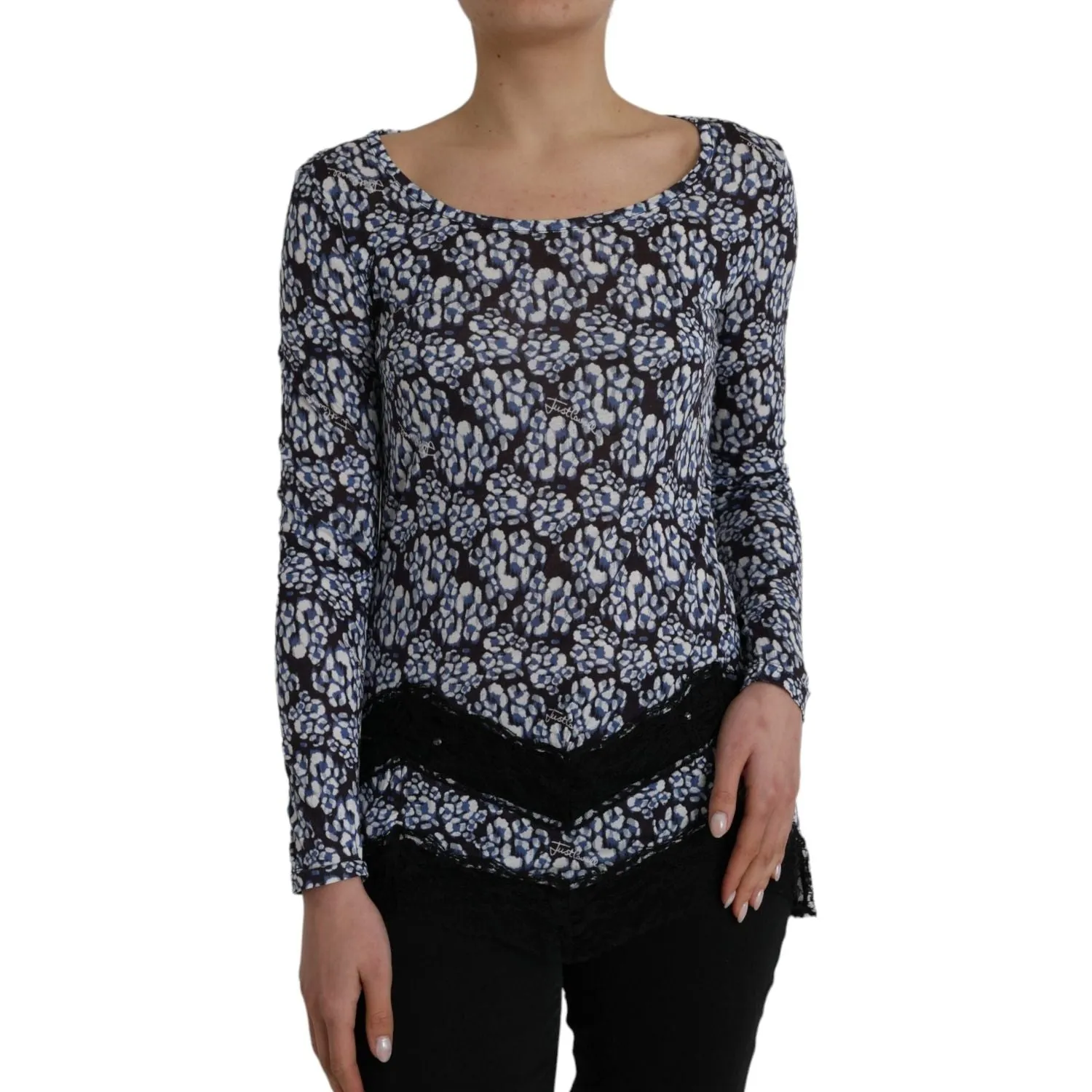 Just Cavalli Blue Floral Lace Long Sleeves Top Underwear Blouse