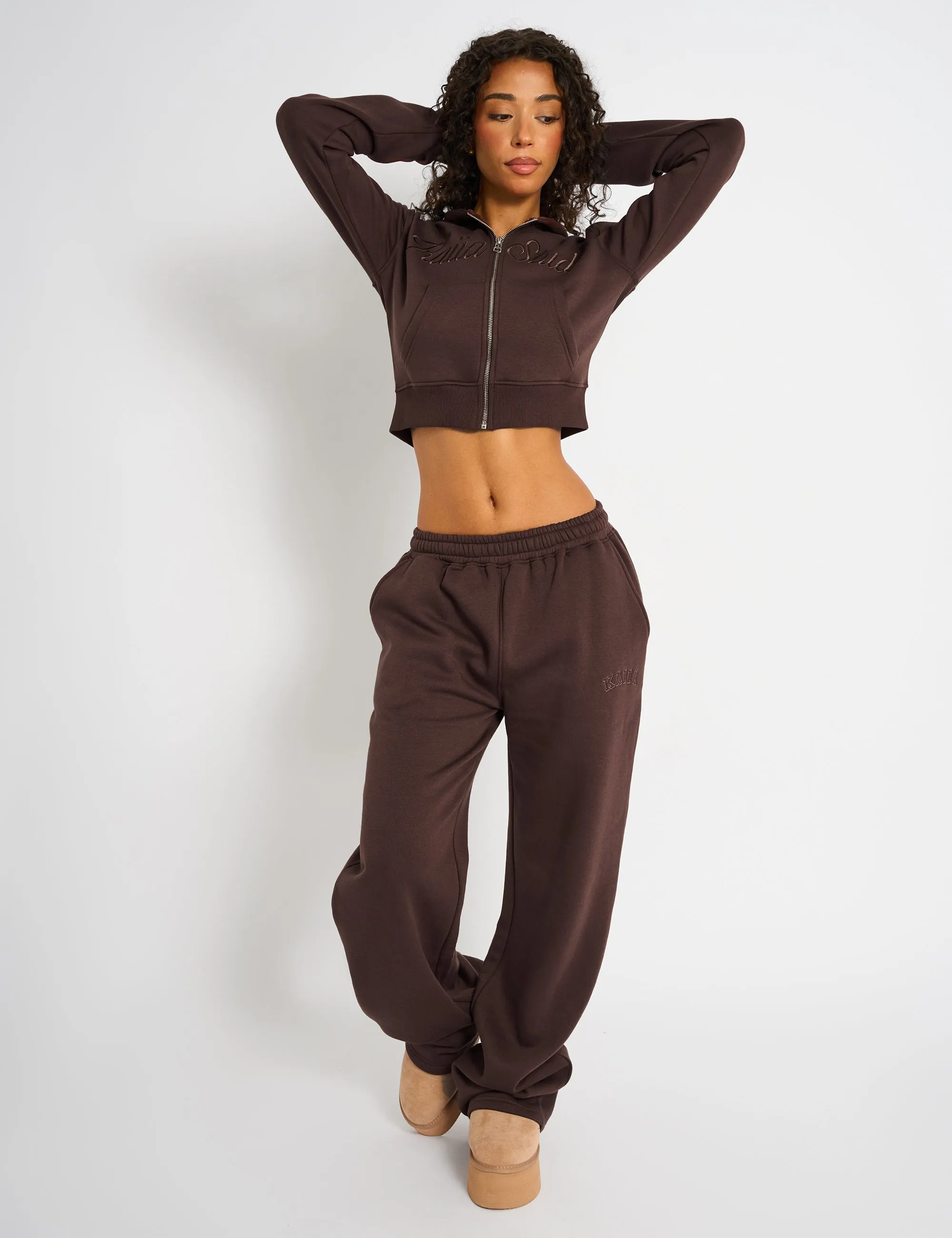 Kaiia Studio Script Logo Cropped Zip Up Hoodie Mocha