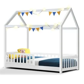 Kids Wooden House Style Single Bed Frame With Side Rails - White