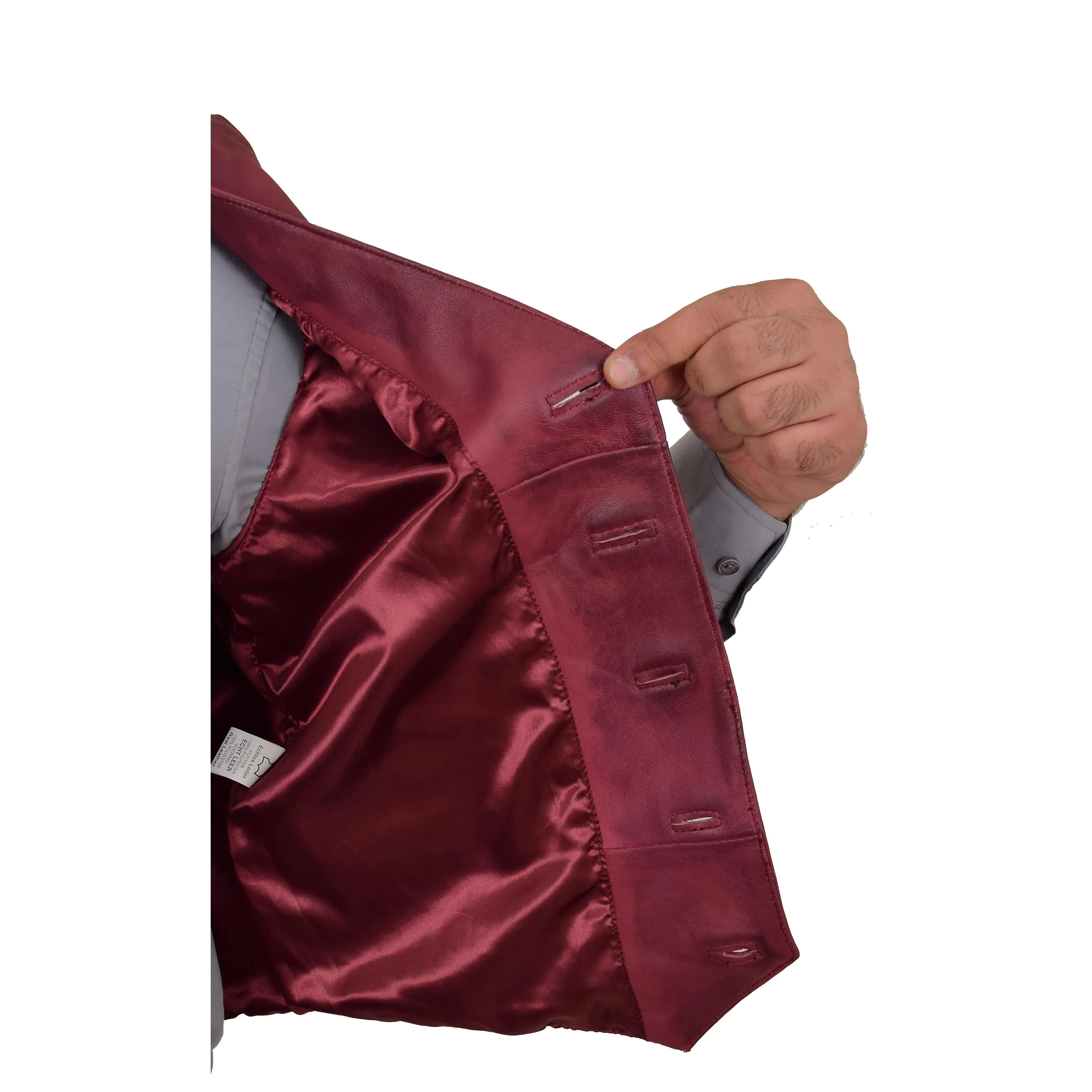 Mens Full Leather Waistcoat Burgundy Gilet Traditional Smart Vest King