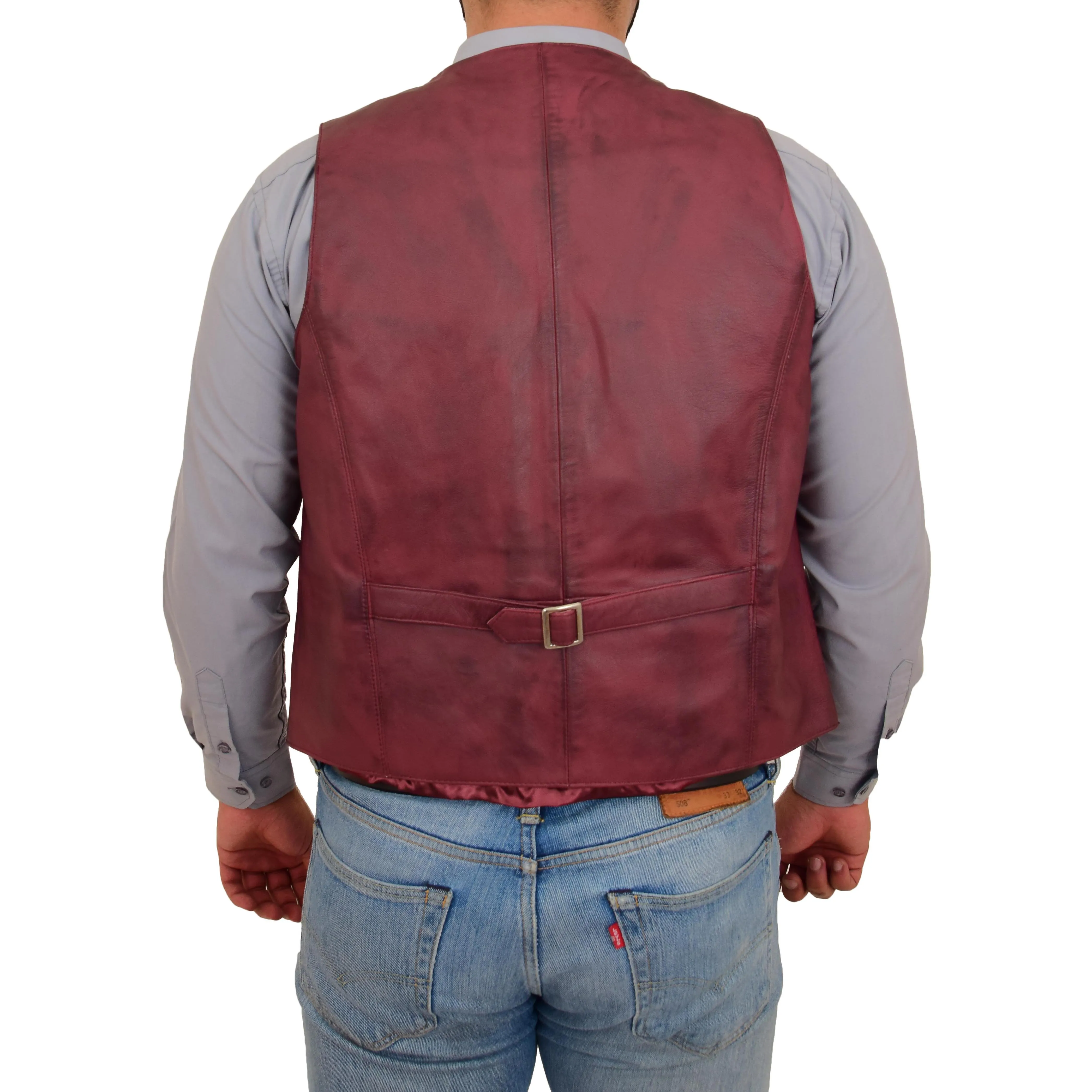 Mens Full Leather Waistcoat Burgundy Gilet Traditional Smart Vest King