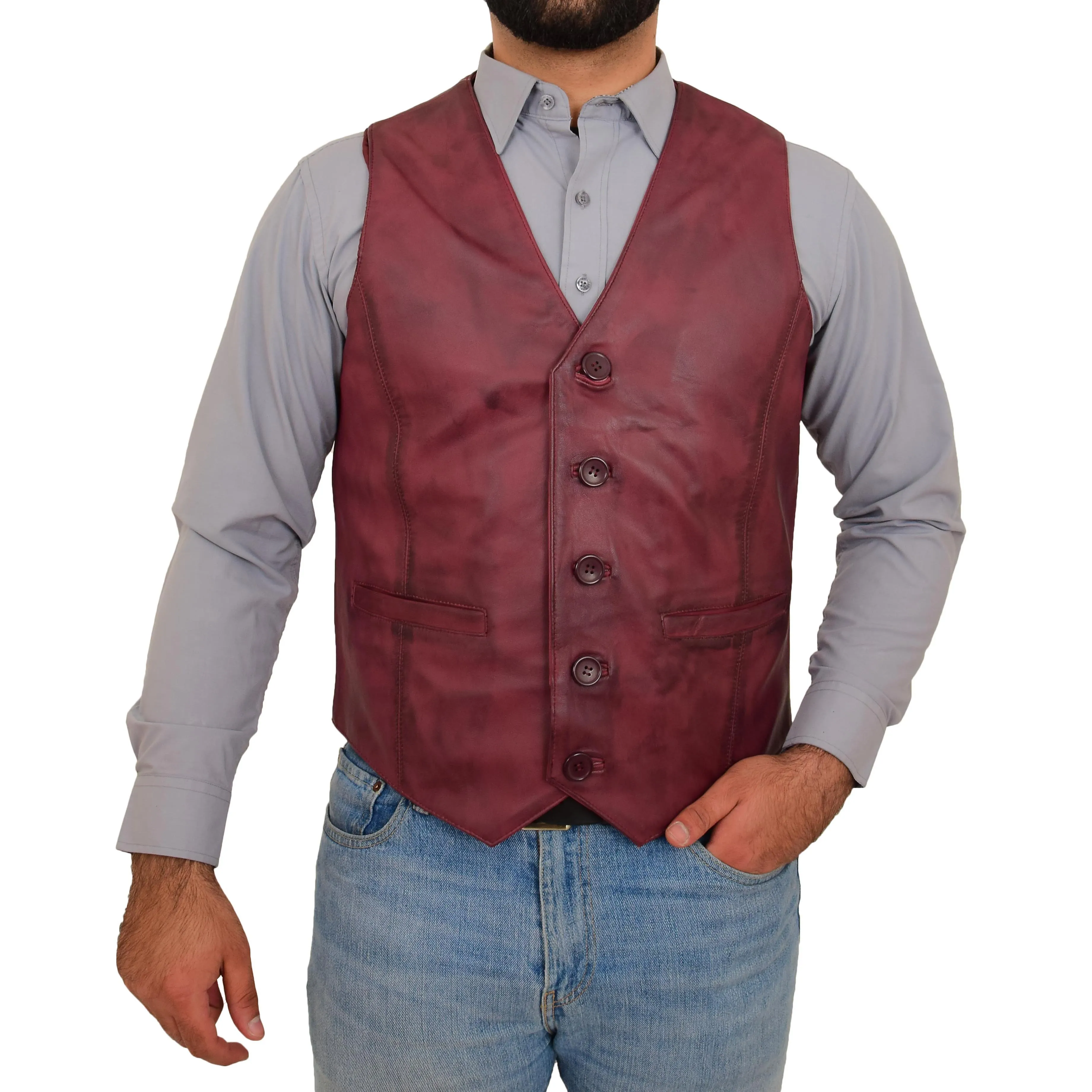 Mens Full Leather Waistcoat Burgundy Gilet Traditional Smart Vest King