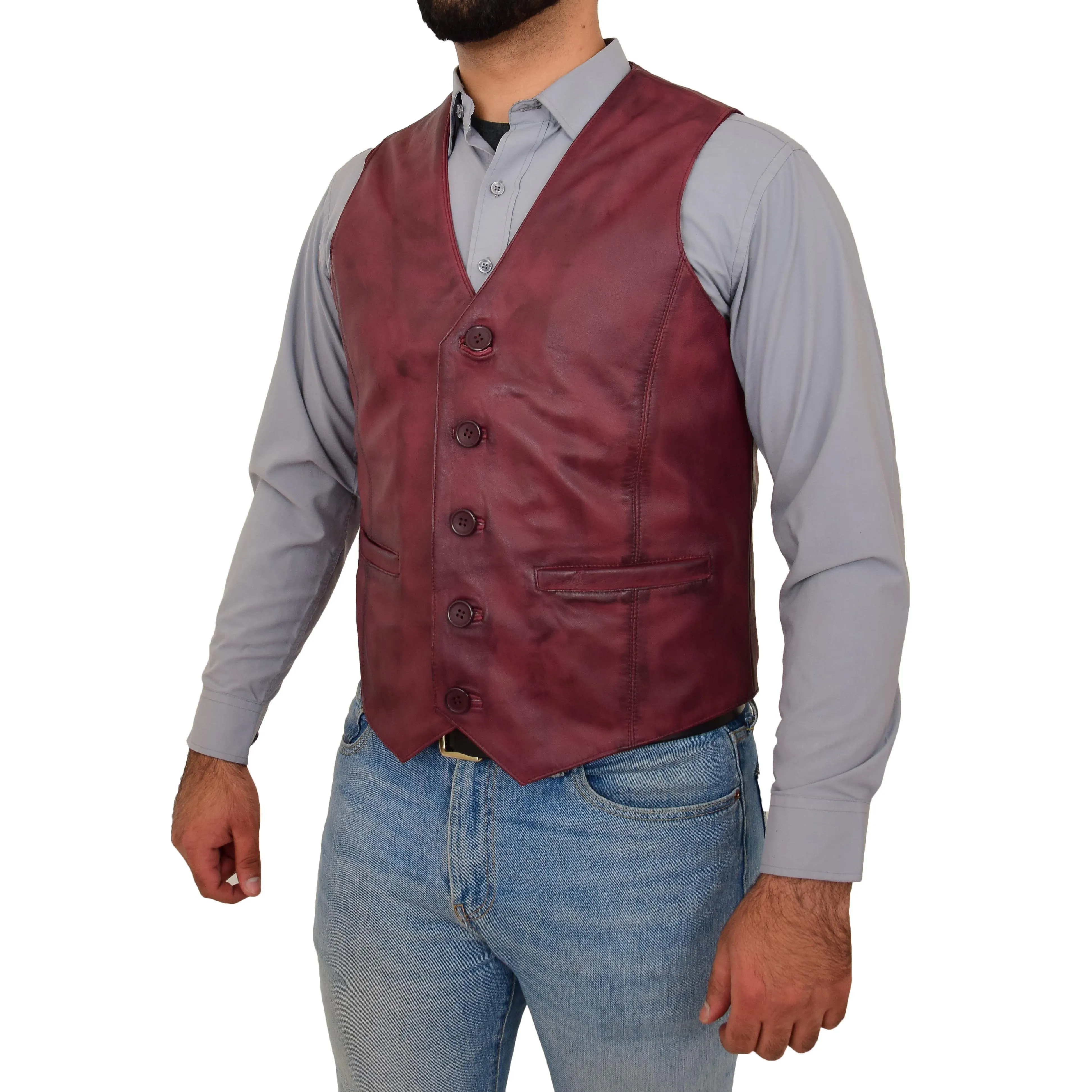 Mens Full Leather Waistcoat Burgundy Gilet Traditional Smart Vest King