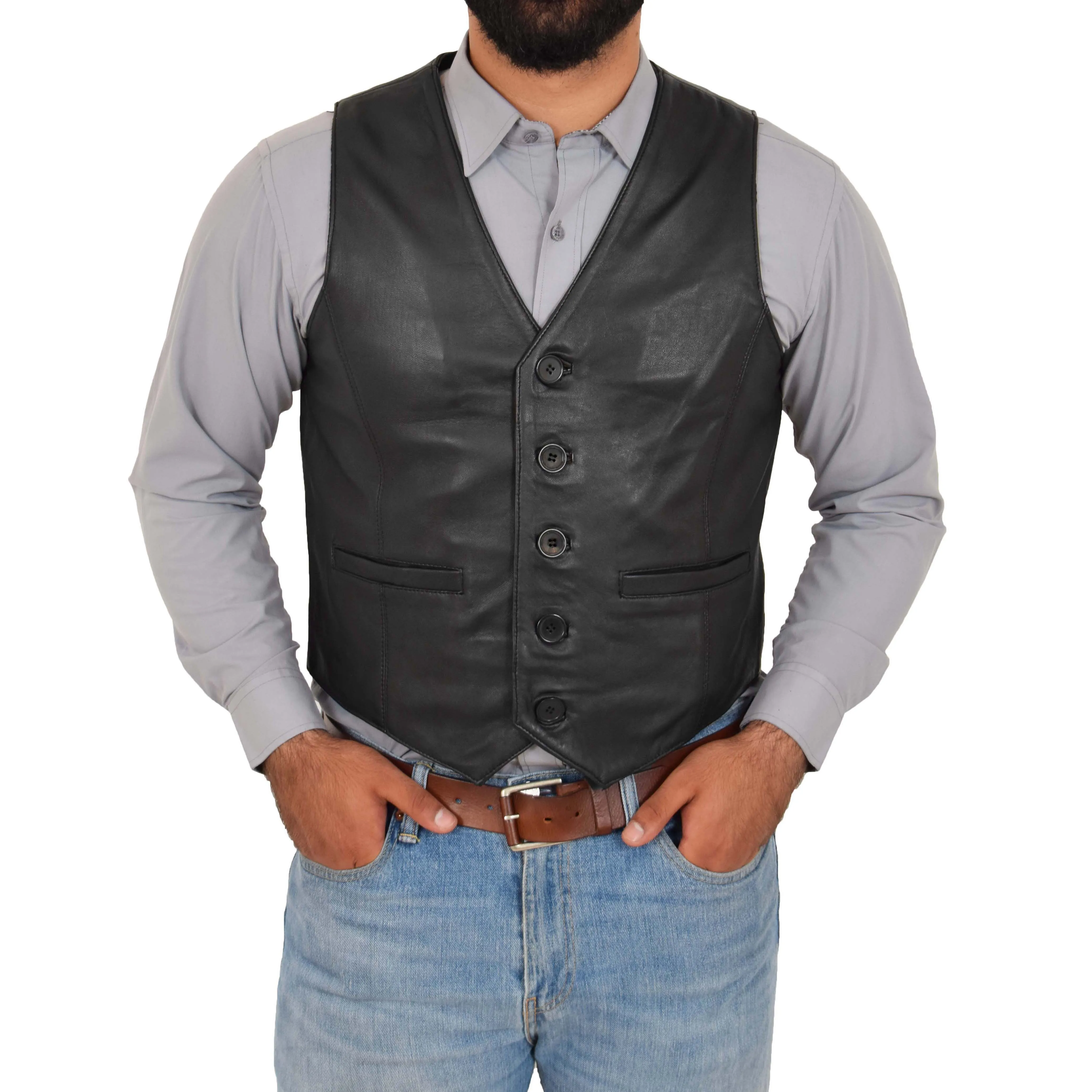 Mens Full Leather Waistcoat Gilet Traditional Smart Vest King Black