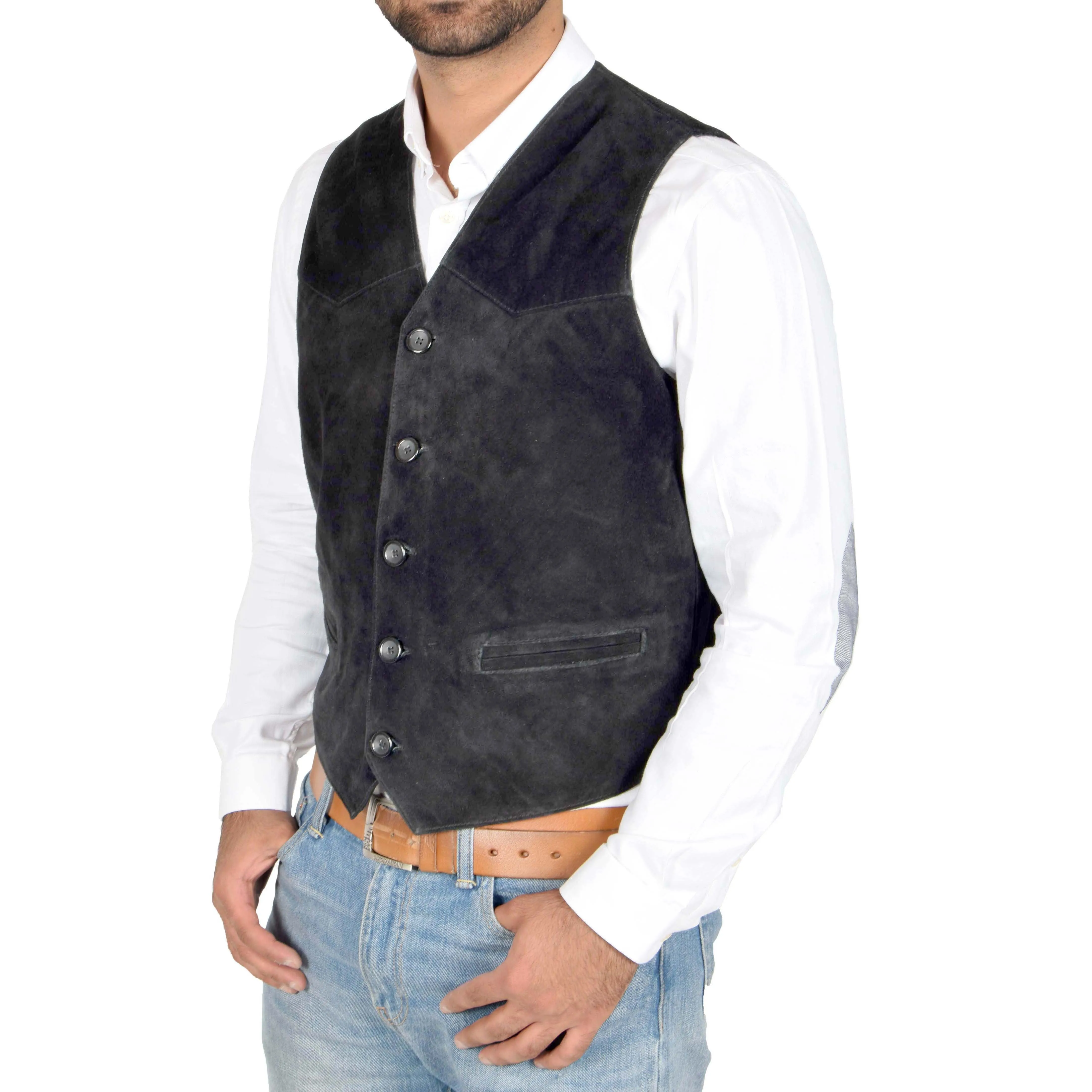 Mens Real Suede Leather Waistcoat Classic Vest Gilet Cole Black