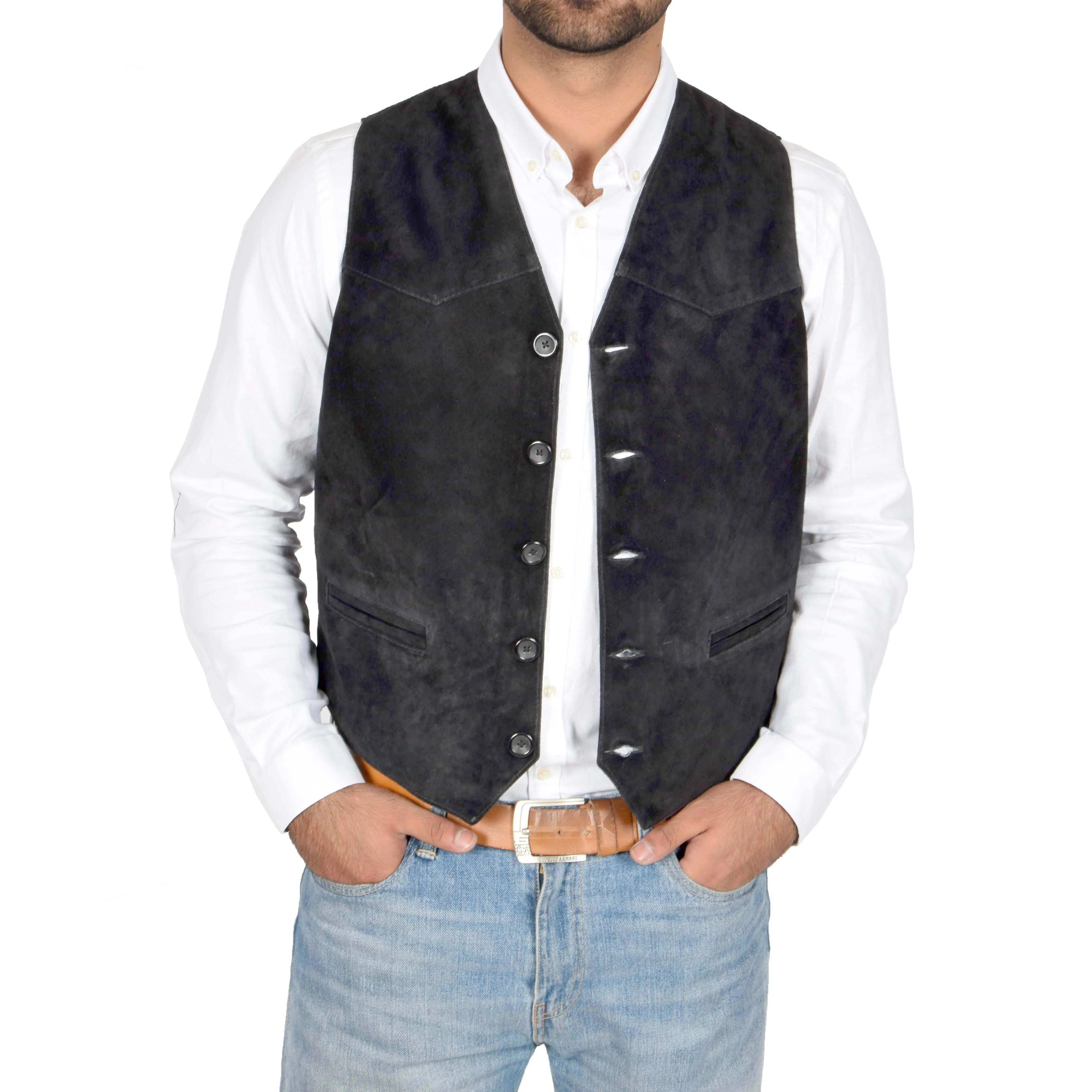 Mens Real Suede Leather Waistcoat Classic Vest Gilet Cole Black