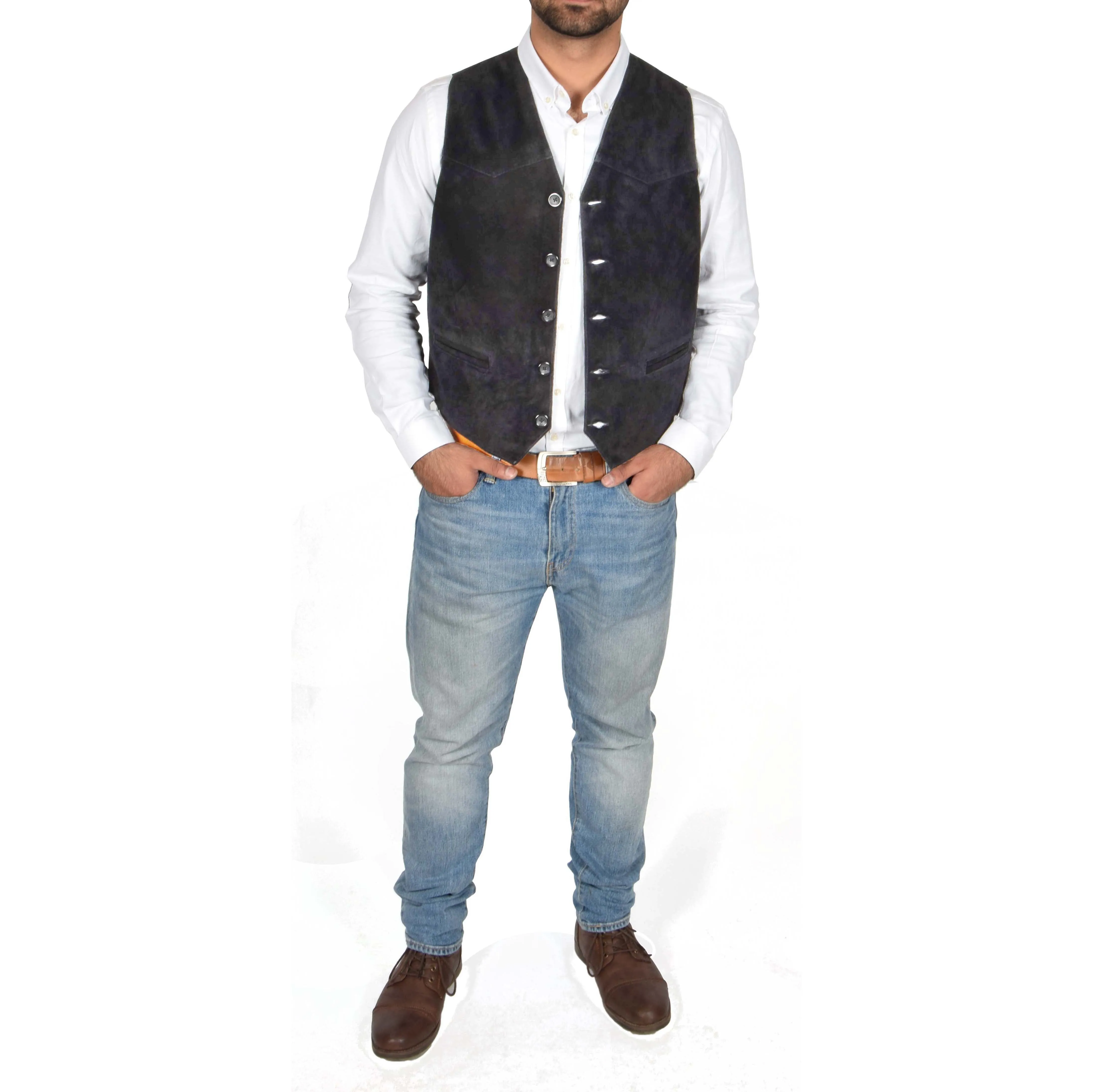 Mens Real Suede Leather Waistcoat Classic Vest Gilet Cole Black