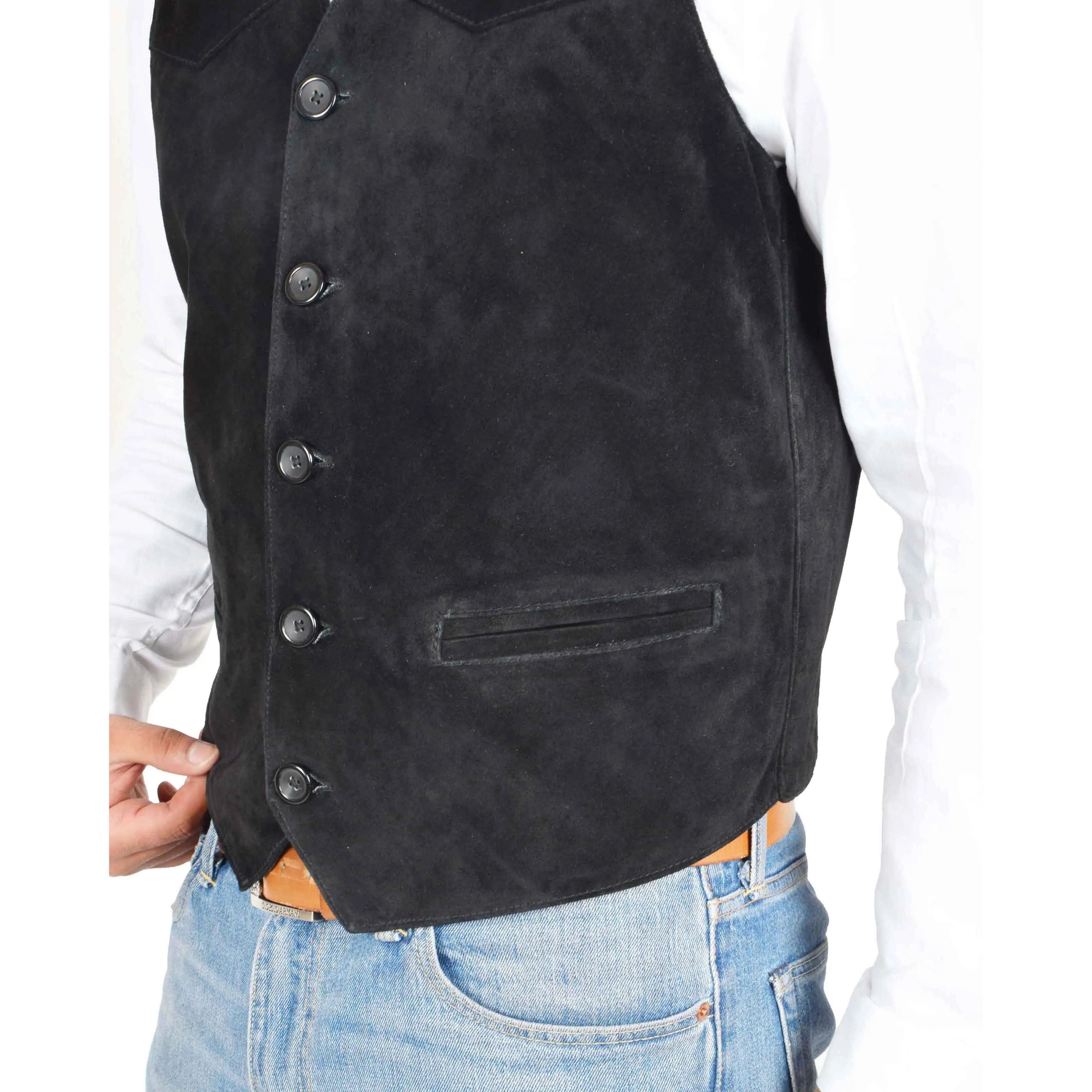 Mens Real Suede Leather Waistcoat Classic Vest Gilet Cole Black