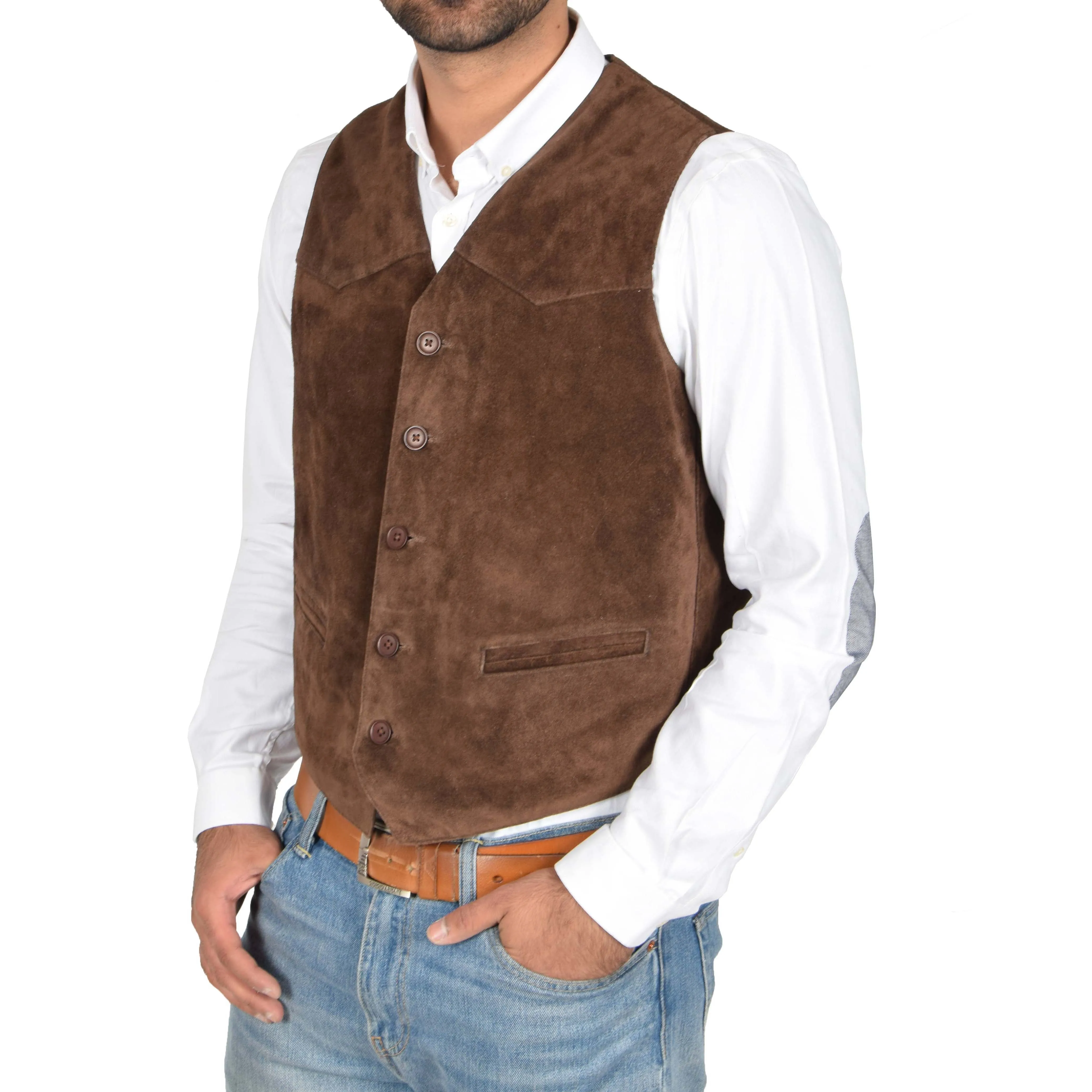 Mens Real Suede Leather Waistcoat Classic Vest Gilet Cole Brown