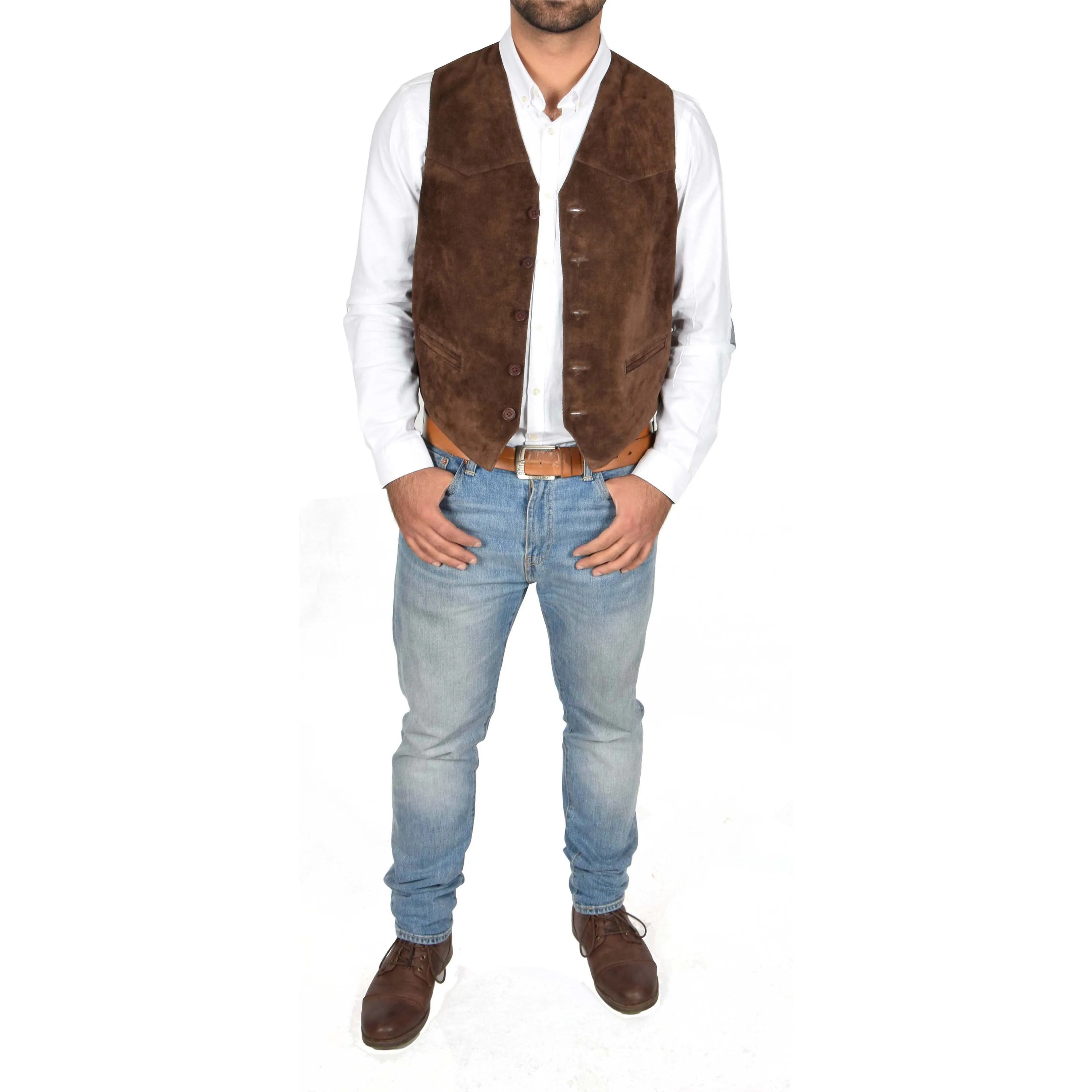 Mens Real Suede Leather Waistcoat Classic Vest Gilet Cole Brown