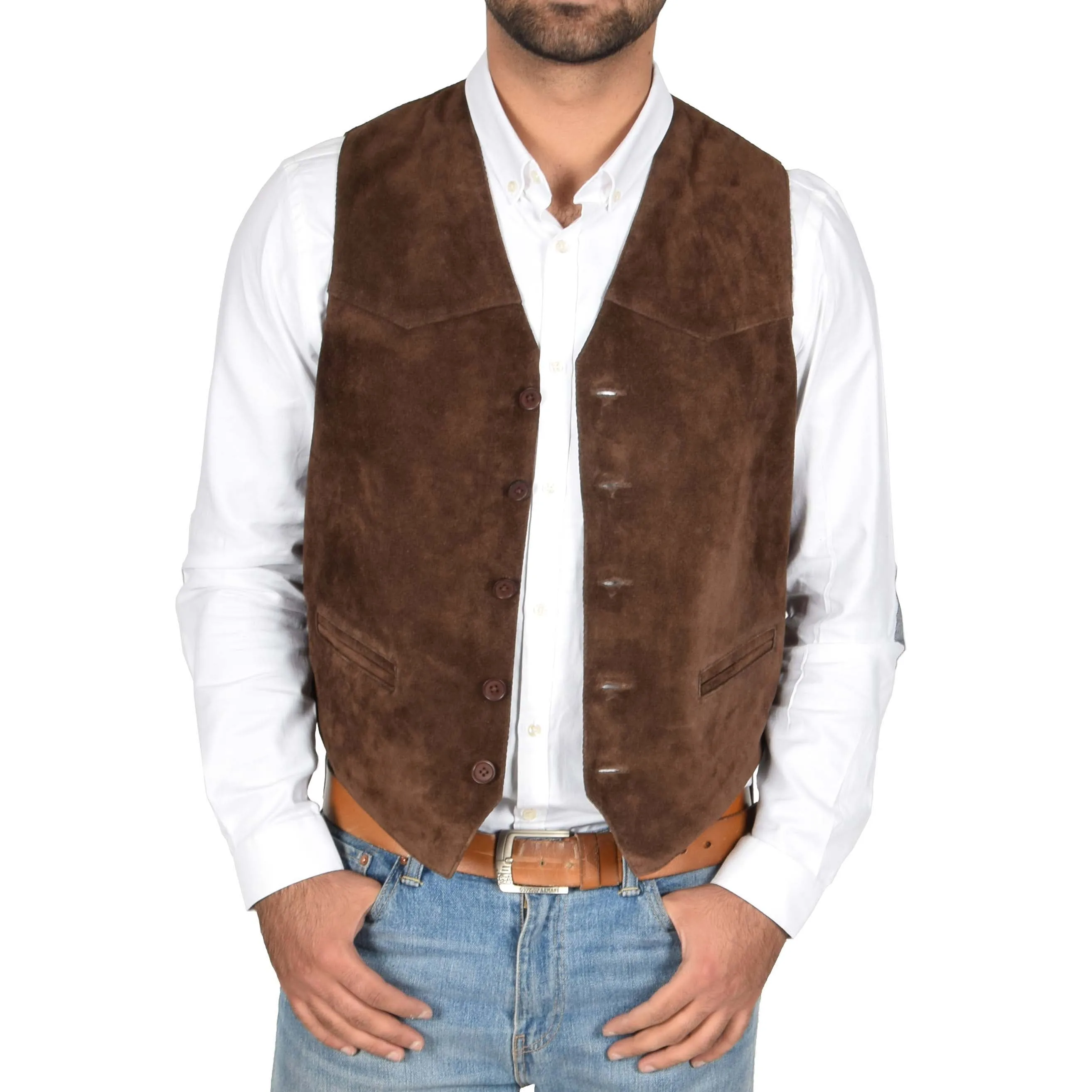 Mens Real Suede Leather Waistcoat Classic Vest Gilet Cole Brown