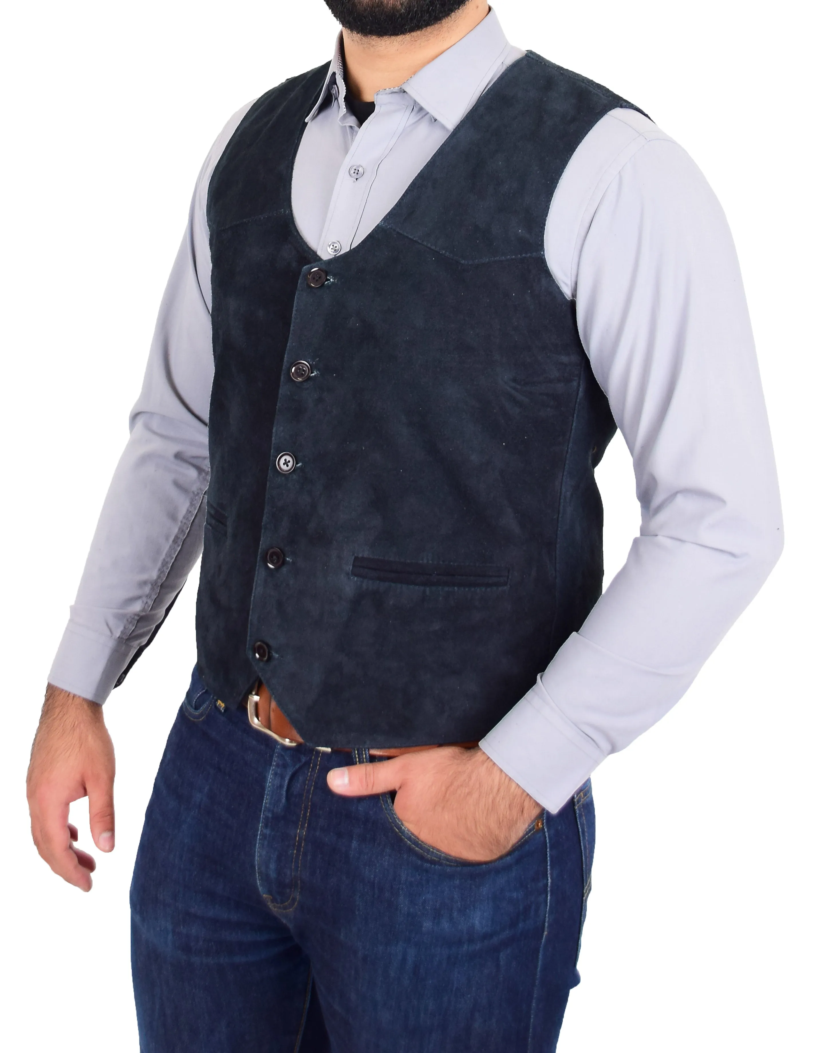 Mens Real Suede Leather Waistcoat Classic Vest Gilet Cole Navy