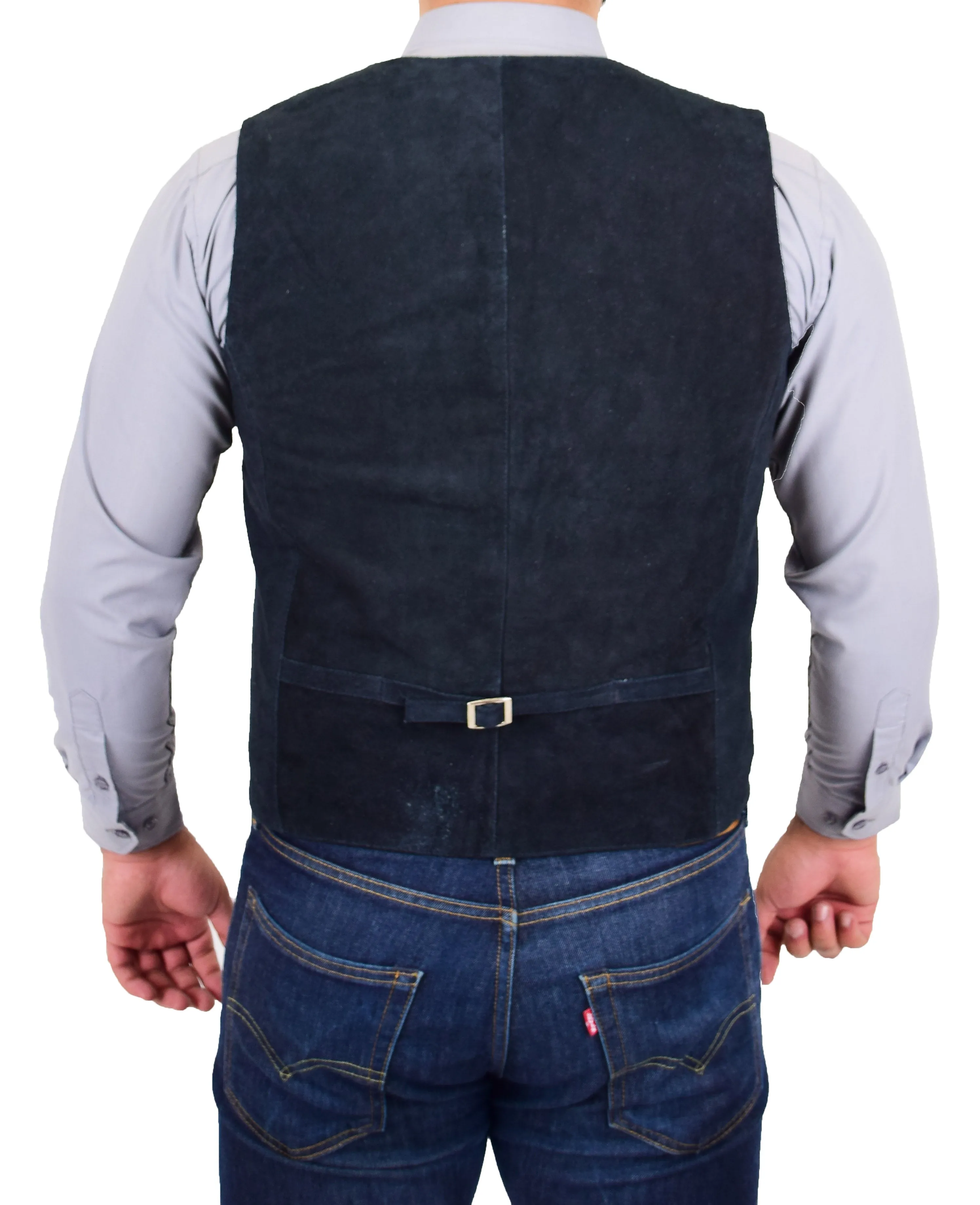 Mens Real Suede Leather Waistcoat Classic Vest Gilet Cole Navy