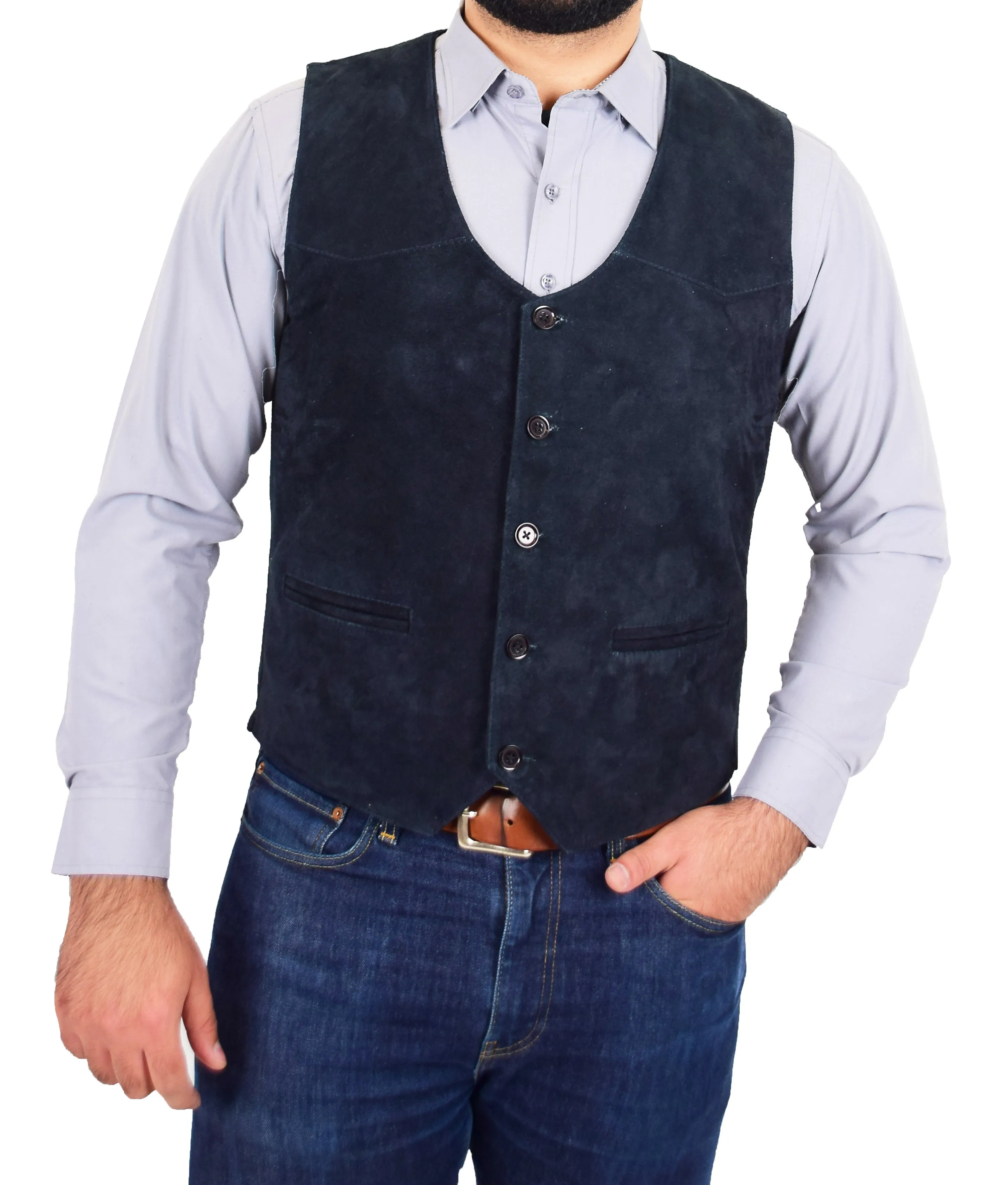 Mens Real Suede Leather Waistcoat Classic Vest Gilet Cole Navy