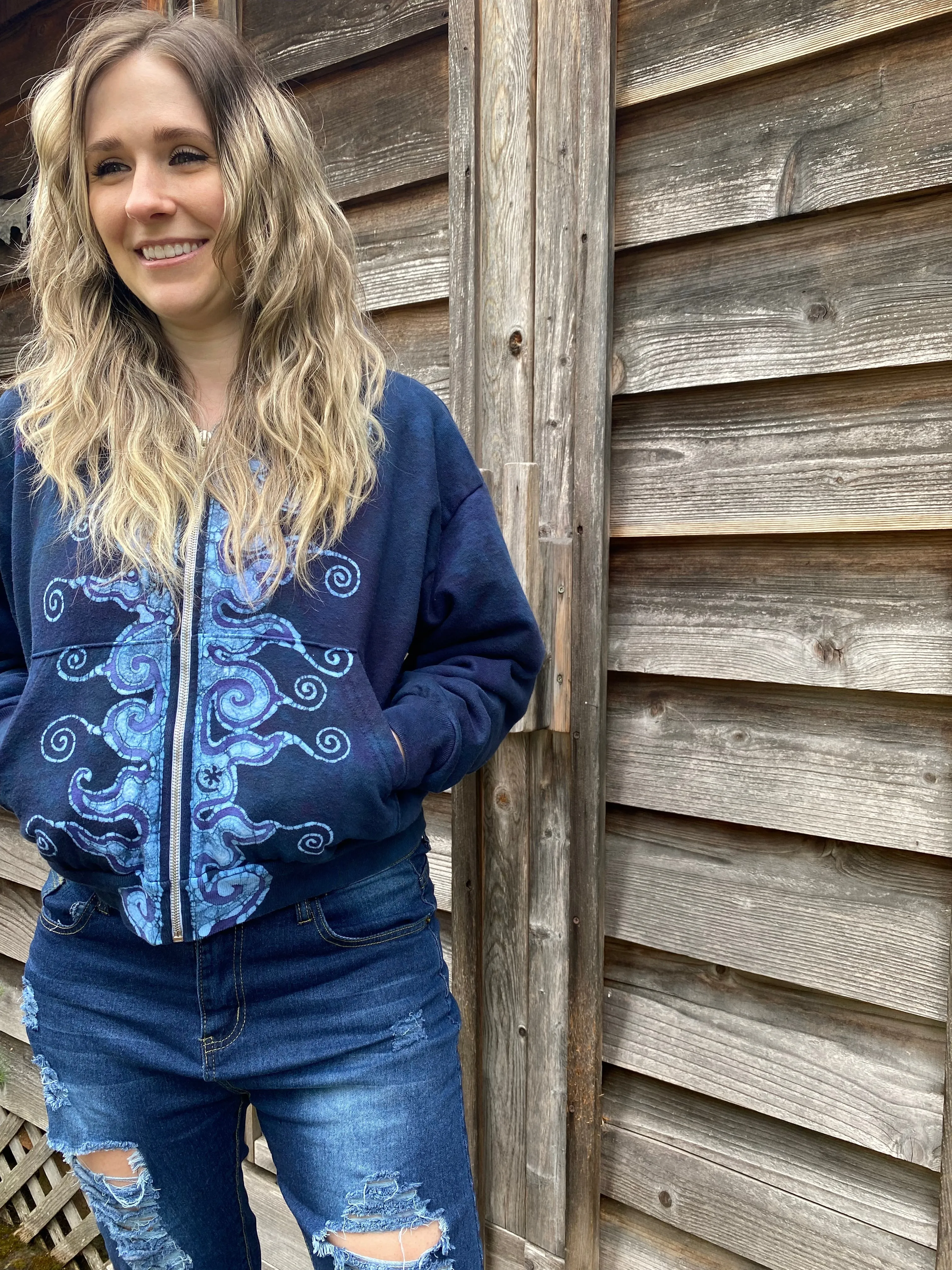 Midnight Moon Blue Flame Swirls Handmade Batik Hoodie